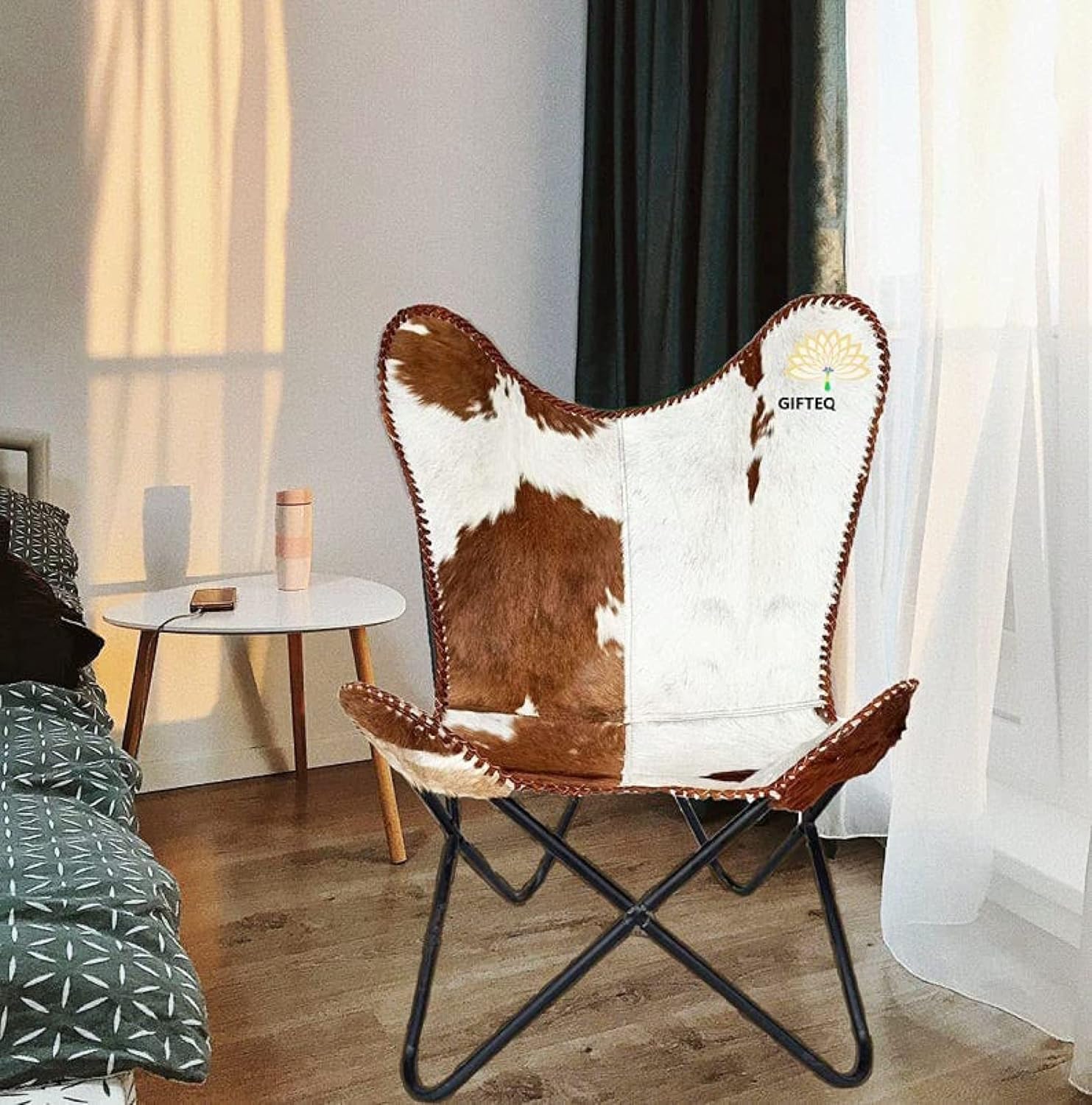 Silla clásica de cuero de vaca BKF Silla de mariposa de cuero Silla de sala de estar Silla plegable fácil de montar, cómoda silla de comedor