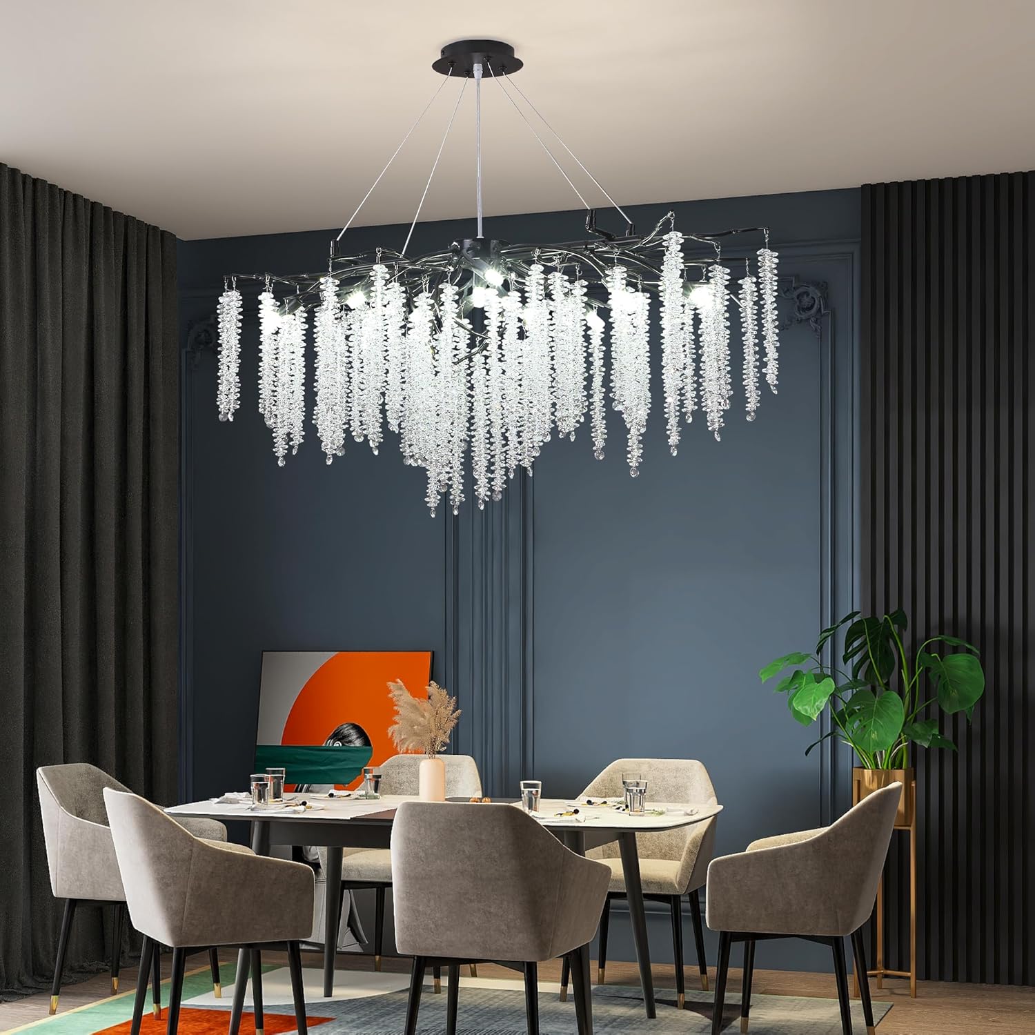 Candelabro moderno de ramas de árbol de cristal, color negro, de 42 pulgadas, estilo Art Deco, grande, rectangular, lineal, con gotas de lluvia para