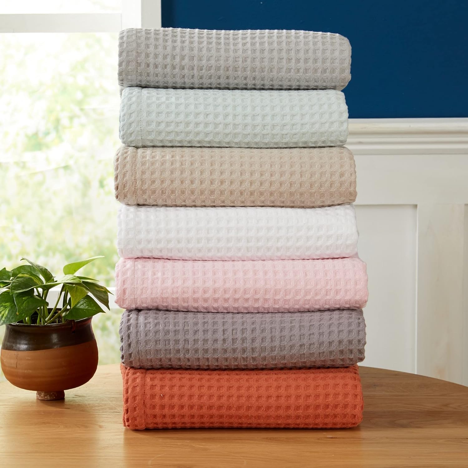 Manta de cama 100% algodón con tejido de gofre, suave, transpirable y ligera para todas las estaciones, perfecta para usar en capas, colección
