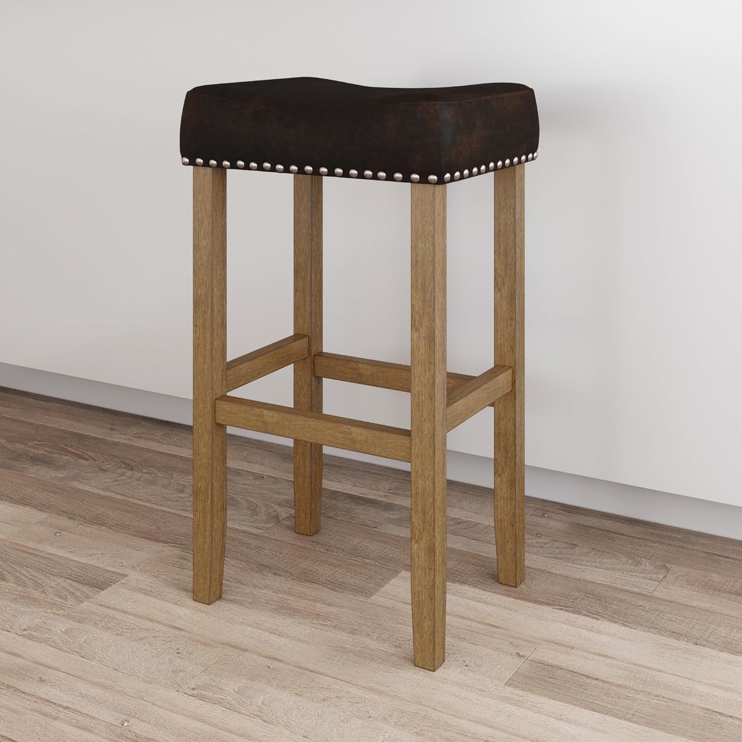 Nathan James Hylie Taburete de bar de madera con tachuelas de tapicería, para cubierta de cocina, altura de pub, 29 pulgadas, marrón oscuromarrón