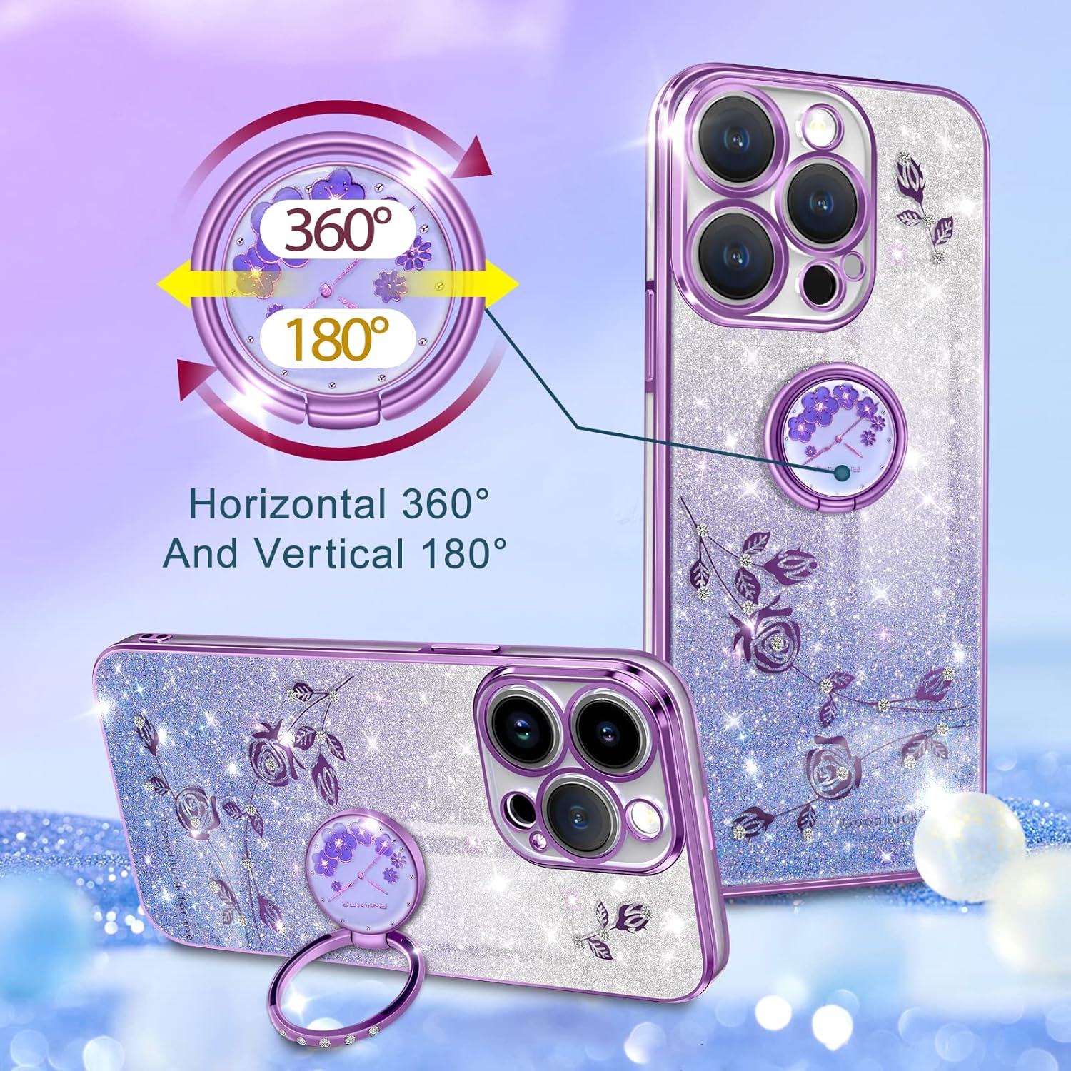 Coralogo Funda 3 en 1 para Apple iPhone 14 Pro con purpurina brillante para mujeres y niñas, funda brillante para teléfono, bonito diseño floral de
