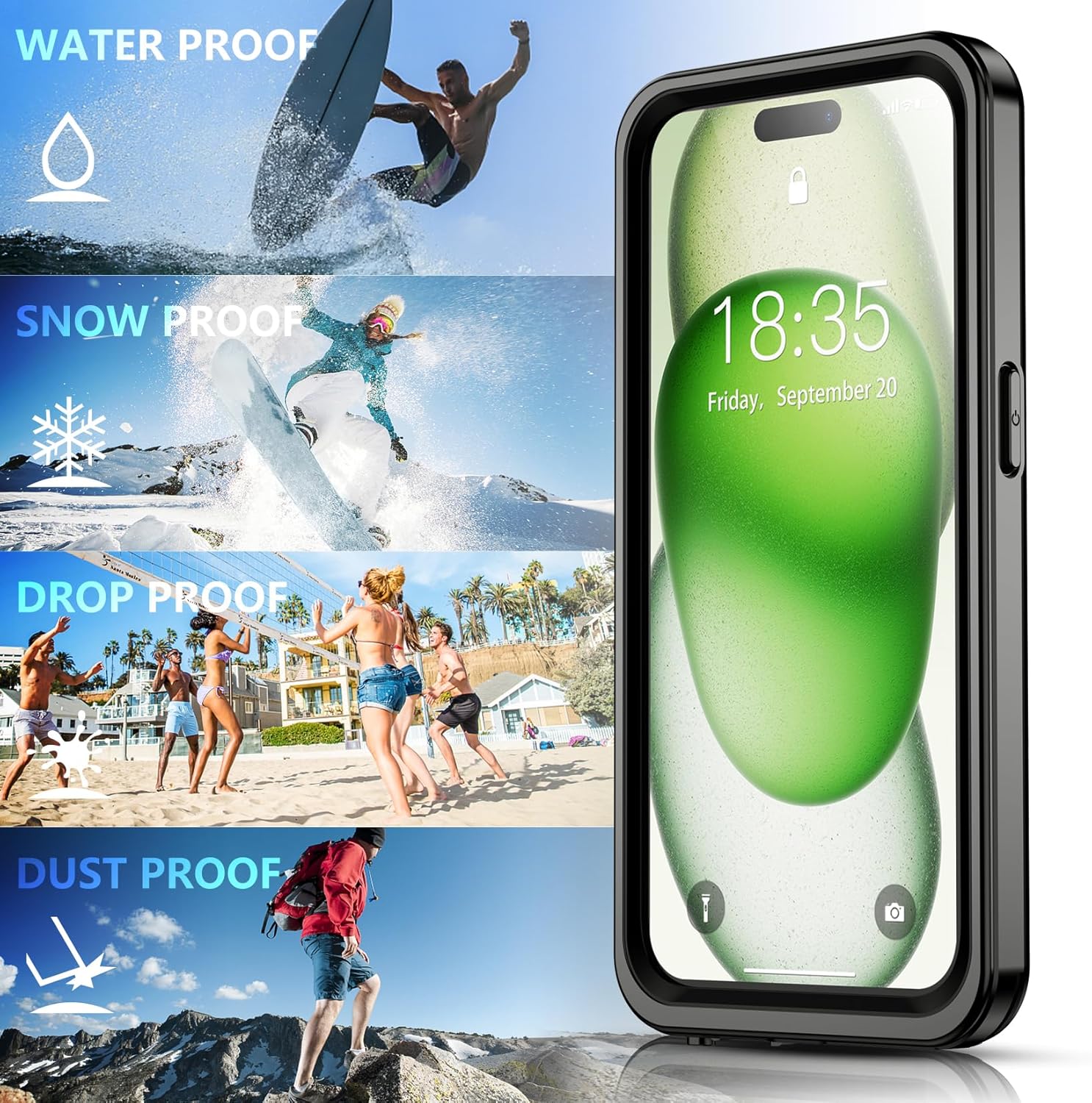 Funda impermeable diseñada para 15 Plus, protección de lente de cámara de vidrio templado 9H integrada IP68 bajo el agua 14 pies militares a prueba