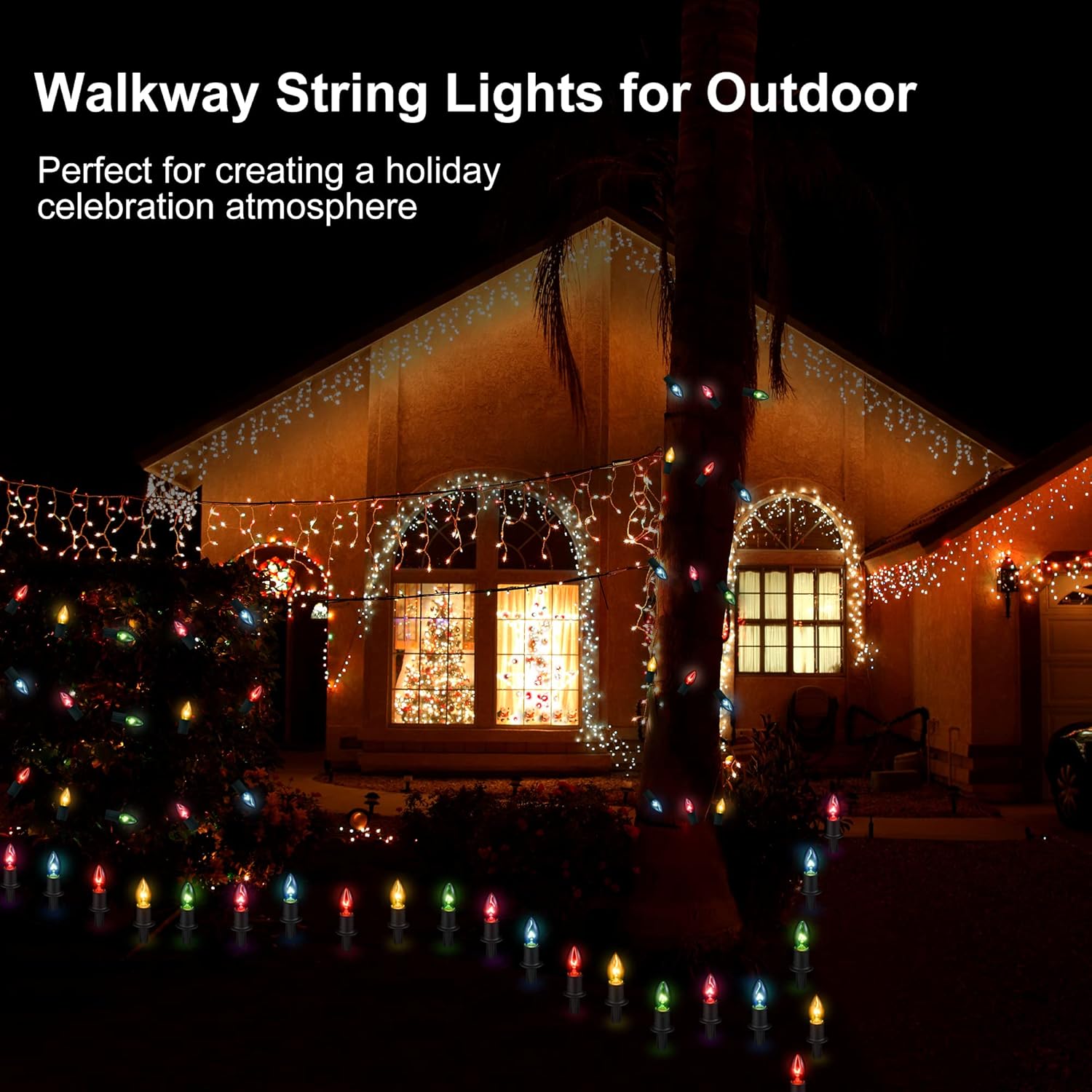 Luces de camino de Navidad para exteriores de 29 pies, 25 paquetes de luces de Navidad C9 con estacas para exteriores, luces de camino de Navidad