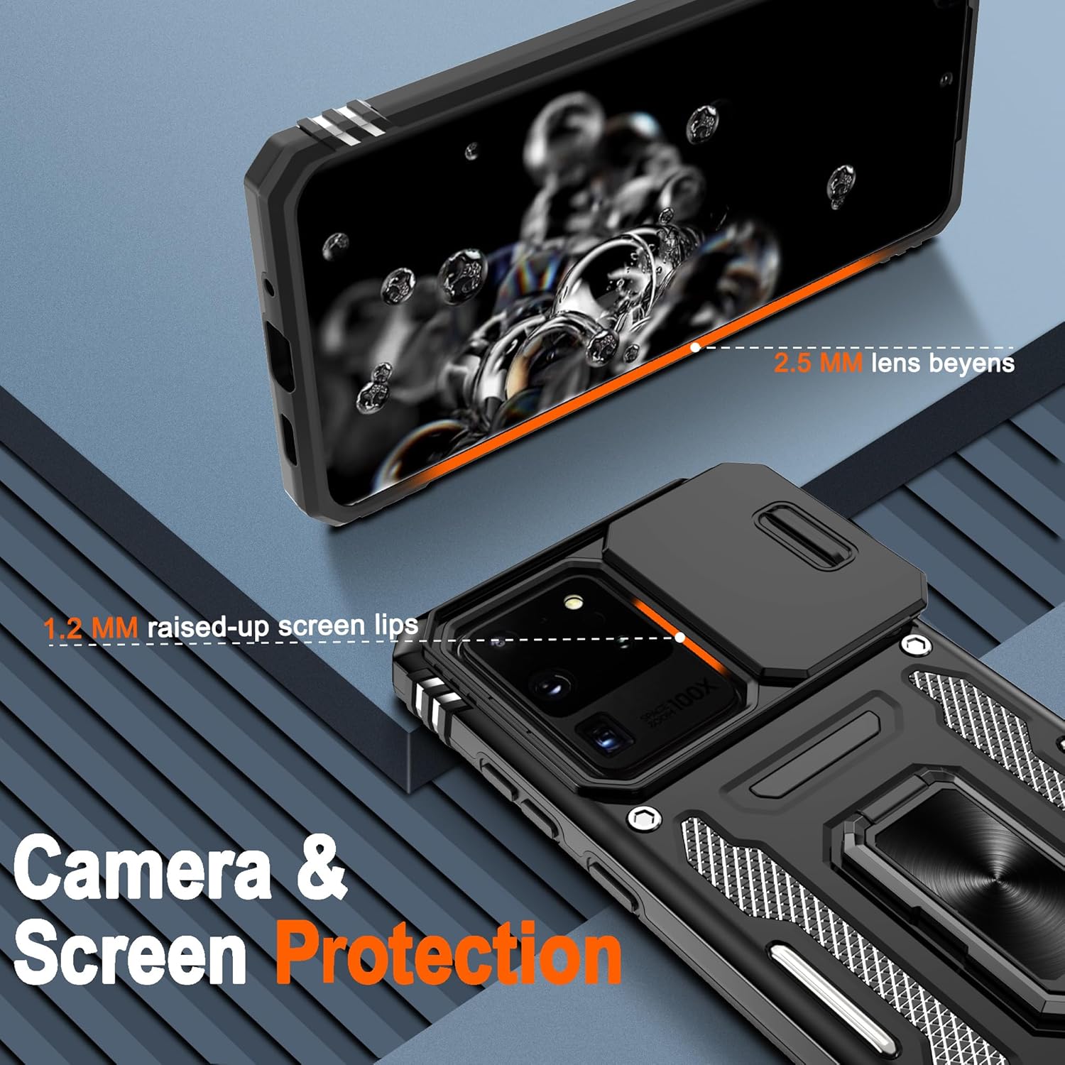 ATUMP Funda para Samsung Galaxy S20 Ultra con protector de pantalla HD con cubierta para cámara deslizante, soporte de anillo de rotación de 360