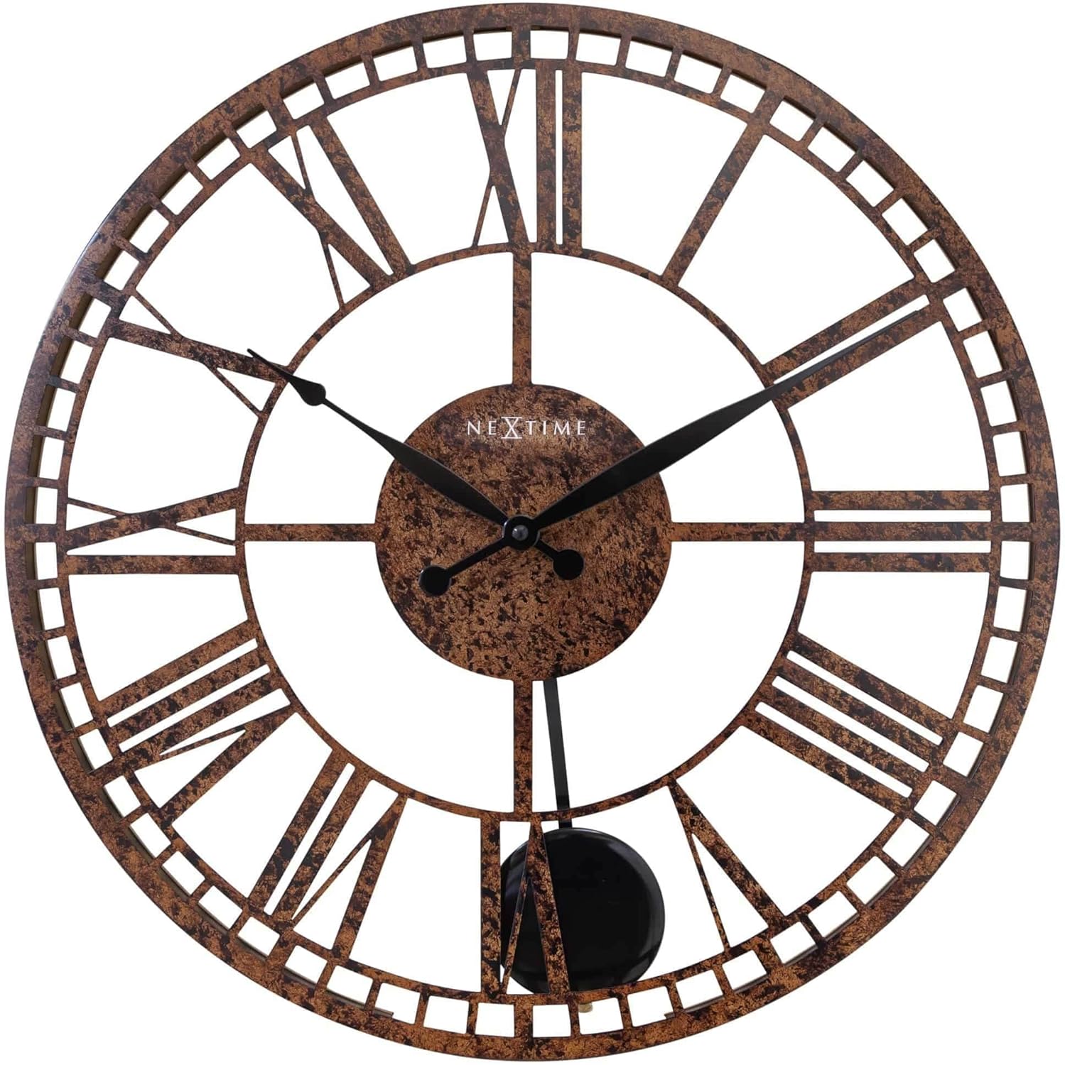 London – Reloj de pared de 20 pulgadas con números romanos y péndulo marrón rústico redondo de metal