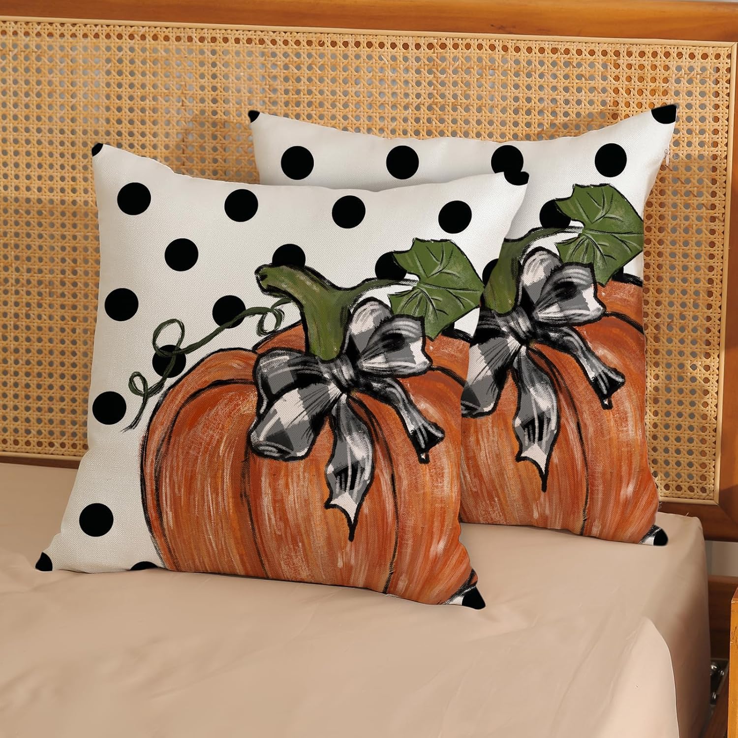 Juego de 2 fundas de almohada de lunares de calabaza otoñal de 16 x 16 pulgadas, juego de 2 fundas de almohada de cosecha de otoño para decoración