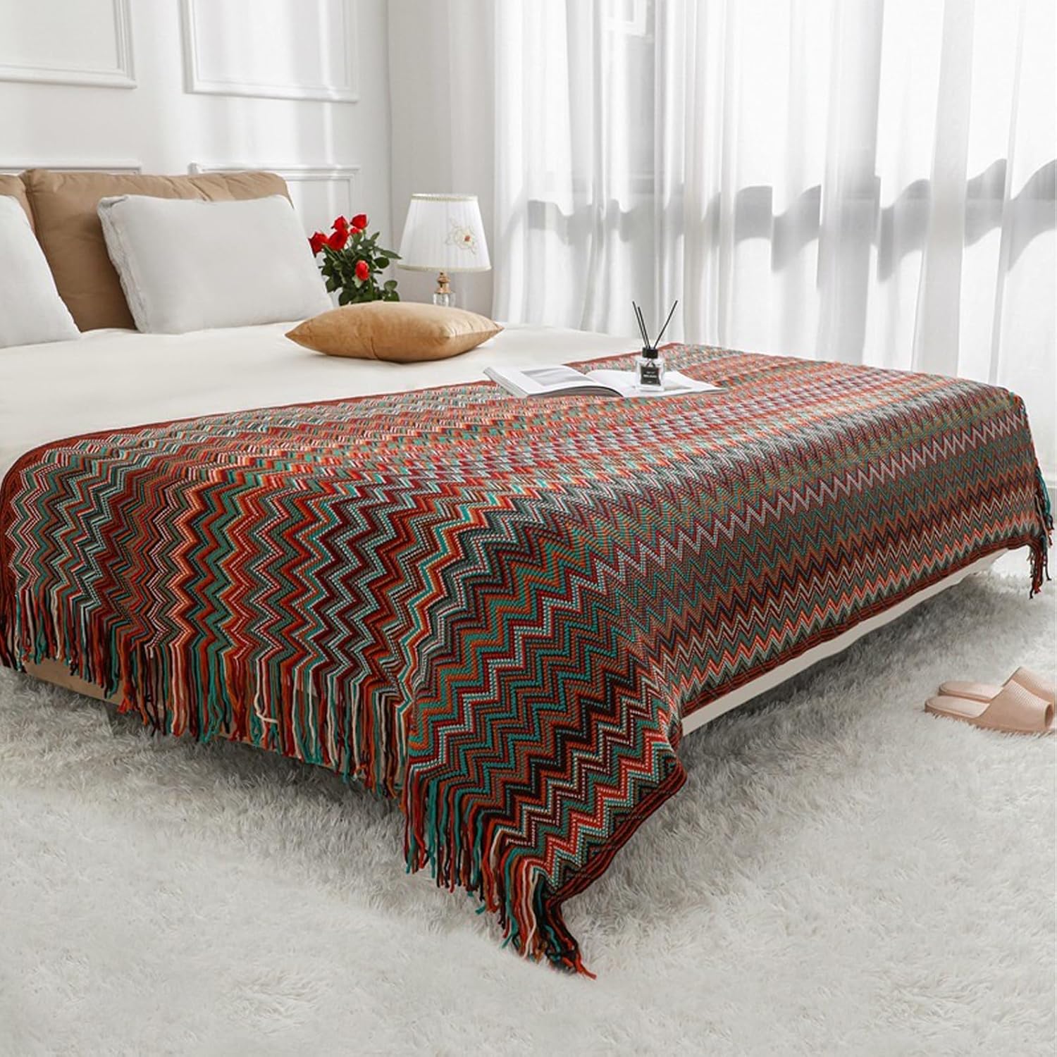 Manta bohemia de punto con borlas, para exteriores, reversible, suave, acogedora, ligera, para sofá cama, sofá, cama, manta decorativa afgana para