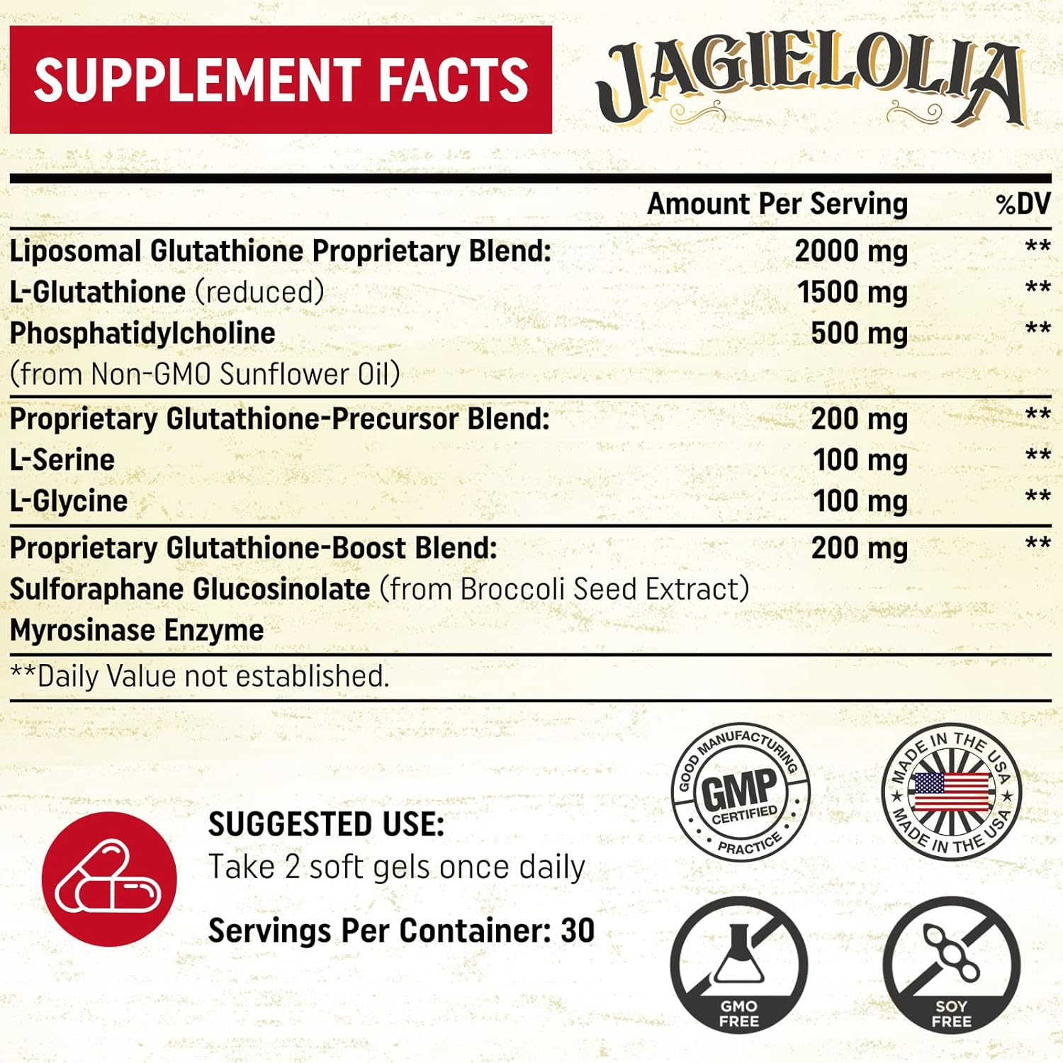 Glutatión liposomal 2000 mg con L-serina, L-glicina y sulforafano  Formulación única de L-glutatión activo para mejorar la absorción  Domina