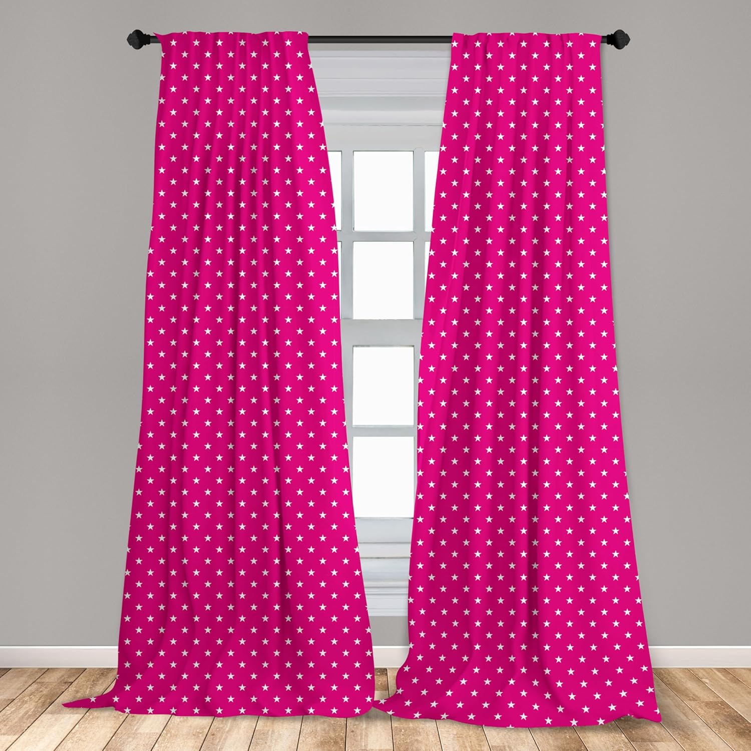 Ambesonne Cortinas de ventana color rosa intenso, patrón simétrico con estrellas blancas y diseño de niña, azulejos retro para fiesta, decoración