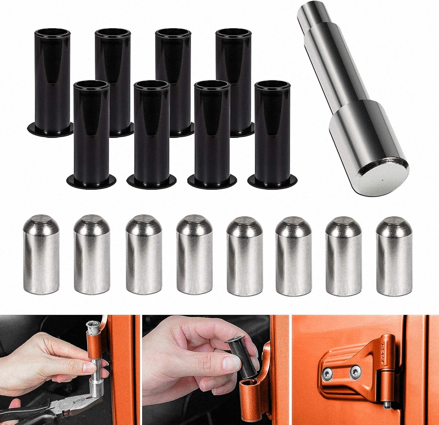 Guías de pasadores de puerta, forros de bisagra de puerta y herramienta de extracción de bujes de puerta compatible con Jeep Wrangler JK JKU JL JLU