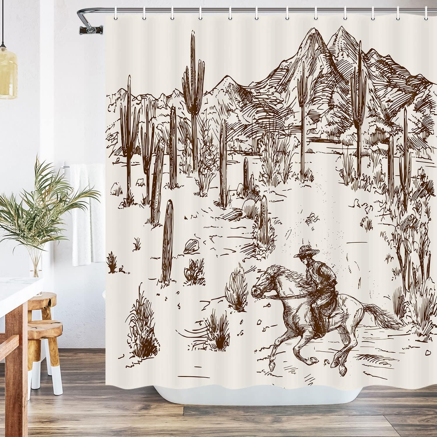 Cortina de ducha de vaquero occidental, cortinas de ducha de tela de cactus del desierto salvaje oeste americano para baño, juego de cortina de
