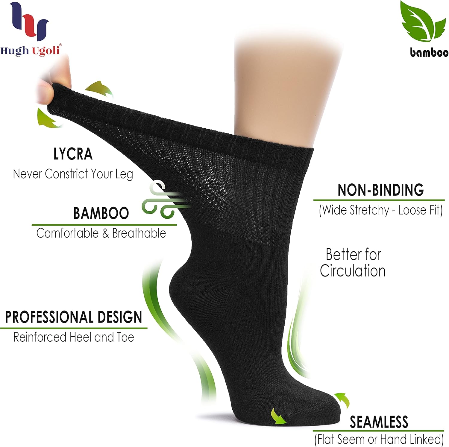 Hugh Ugoli Calcetines altos de bambú para diabéticos para mujer, suaves, anchos y elásticos, con puntera sin costuras y parte superior sin ataduras,