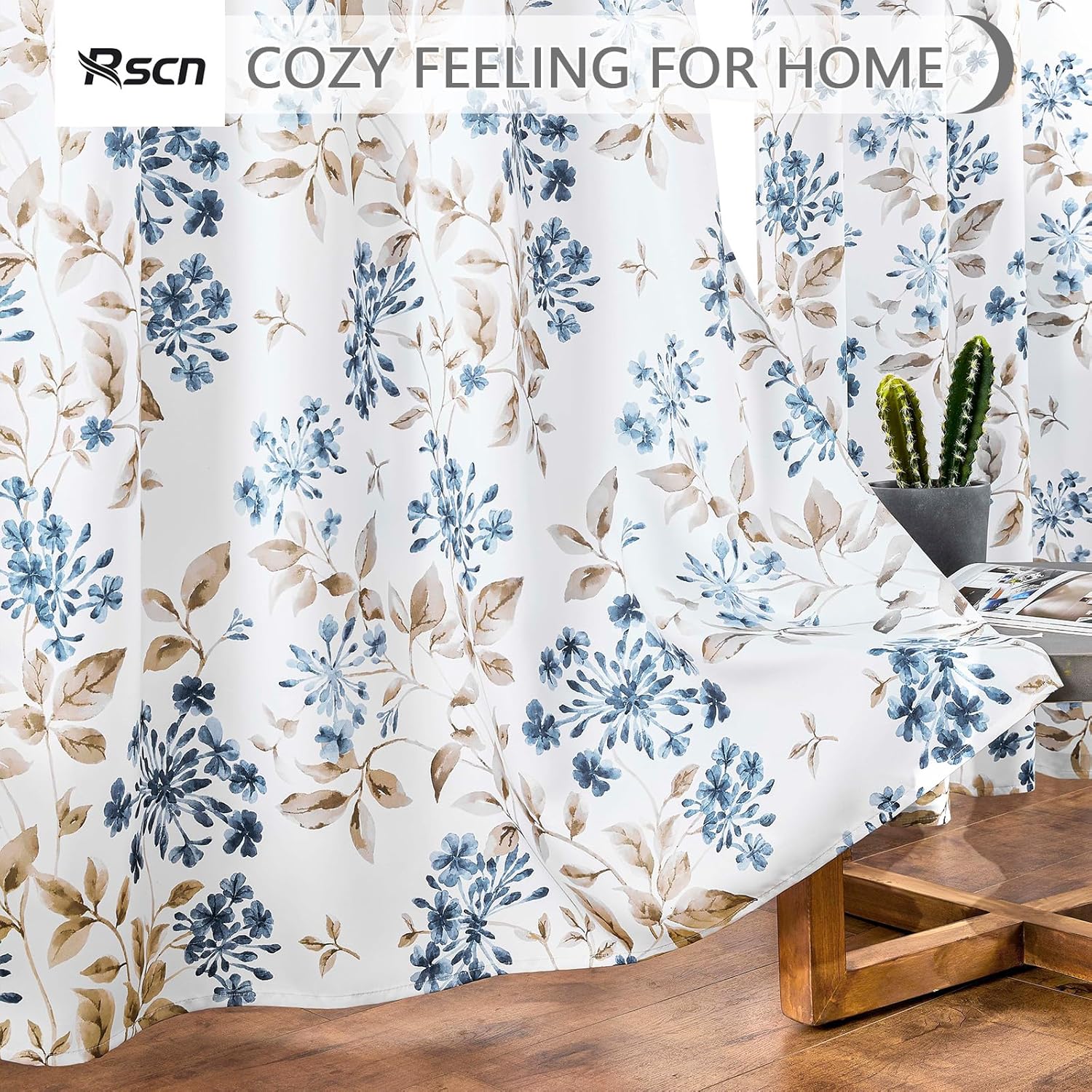 Rscn Cortinas florales de 84 pulgadas de largo, juego de 2 paneles de cortinas con patrón azul, cortinas de oscurecimiento de habitación, cortinas