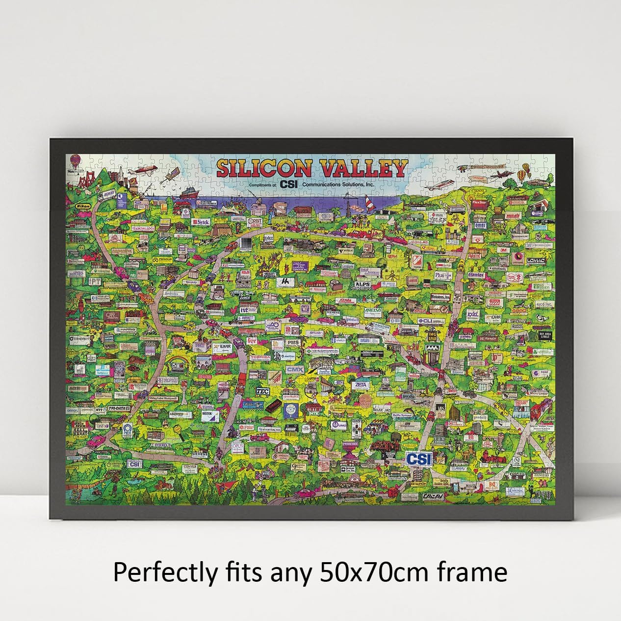 Rompecabezas de 1000 piezas  1986  Mapa gráfico ilustrado de Silicon Valley que muestra todas las marcas comerciales importantes