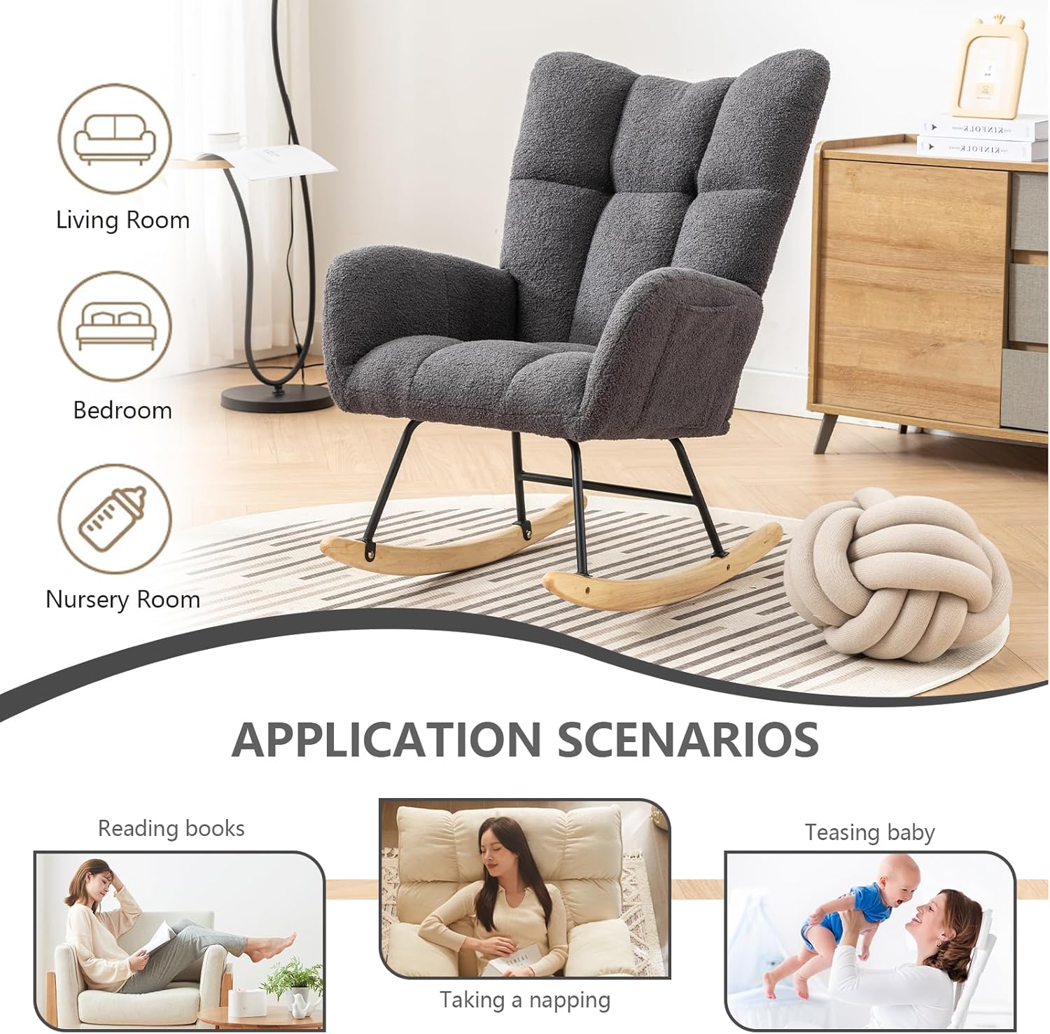 MATONELL Rocking Chair Nursery, Soft Teddy Velvet Fabric Rocking Chair for Nursery, Comfy Wingback Glider Rocker with Safe Solid Wood Base for