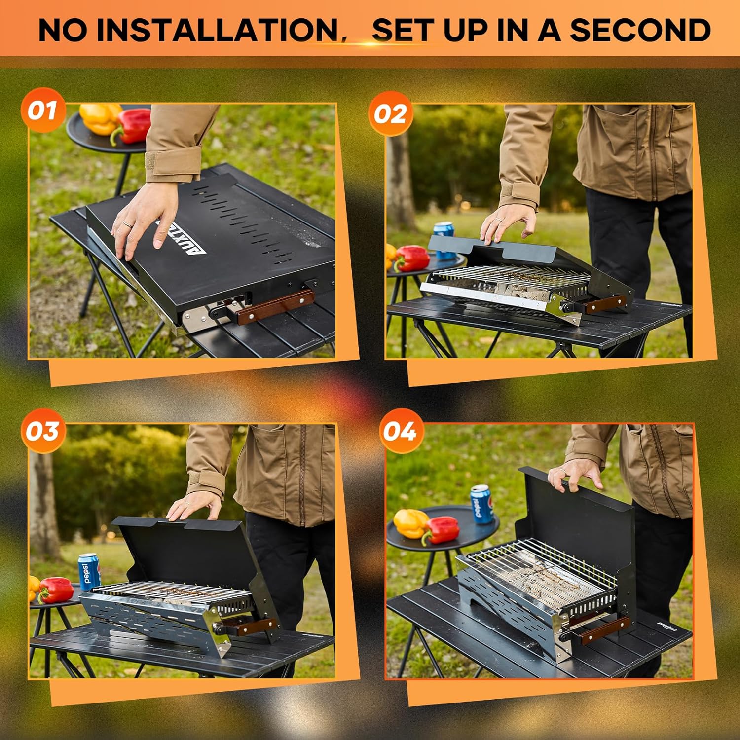 AUXTUR Parrilla de carbón portátil plegable, escritorio de barbacoa, mesa para ahumar al aire libre, acero inoxidable, barbacoa, portátil, ligera,