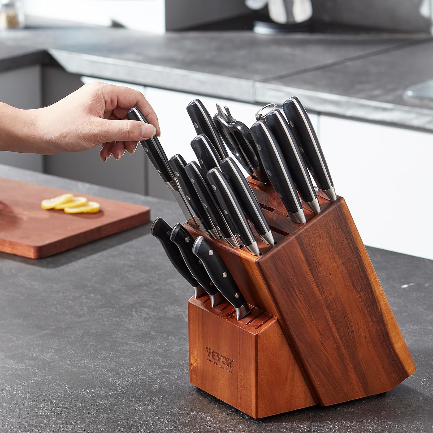 VEVOR Bloque de almacenamiento de cuchillos, 25 ranuras de madera de acacia, soportes universales para cuchillos sin cuchillos, organizador de