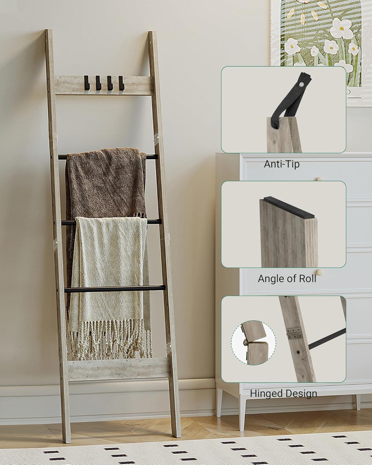 Escalera para manta, para dormitorio, estante decorativo de madera con 4 ganchos extraíbles, organizador de escalera de granja de 5 niveles para