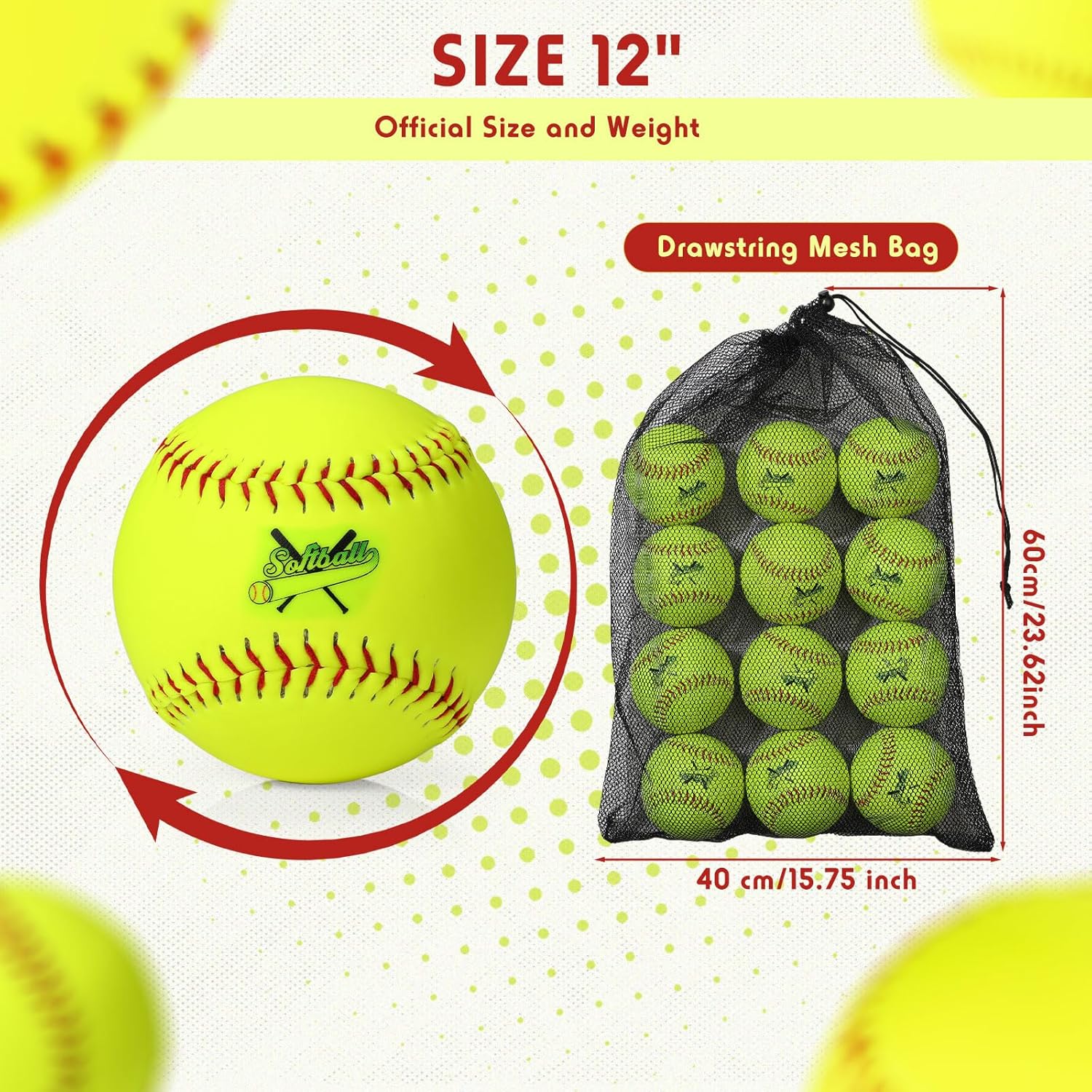 Paquete de 12 pelotas de sóftbol de práctica deportiva amarillas de 12 pulgadas, tamaño y peso oficiales, softball de lanzamiento lento con 1 bolsa