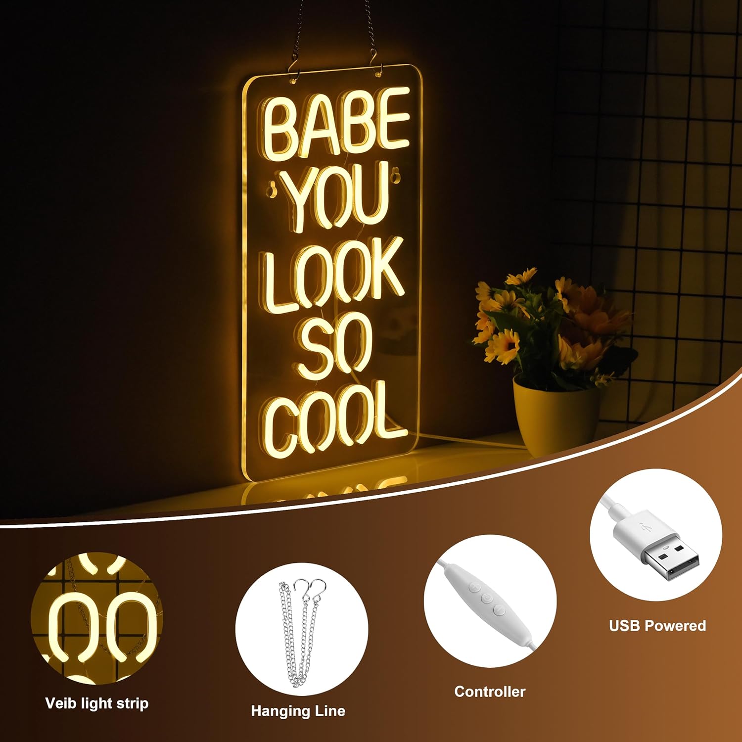 Neonhonba Letrero de neón para decoración de pared con texto en inglés “Babe You Look So Cool” para decoración de pared, luz LED de neón regulable,