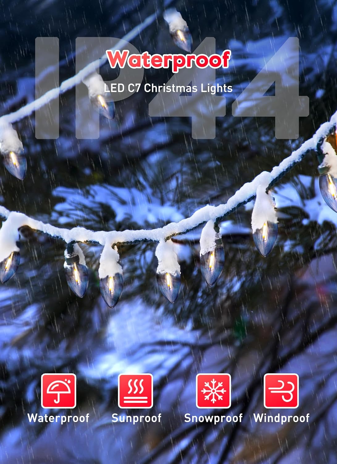 Luces de Navidad LED C7 de 50 pies, cadena de luces vintage para exteriores con 52 bombillas (2 de repuesto), luces de Navidad colgantes comerciales
