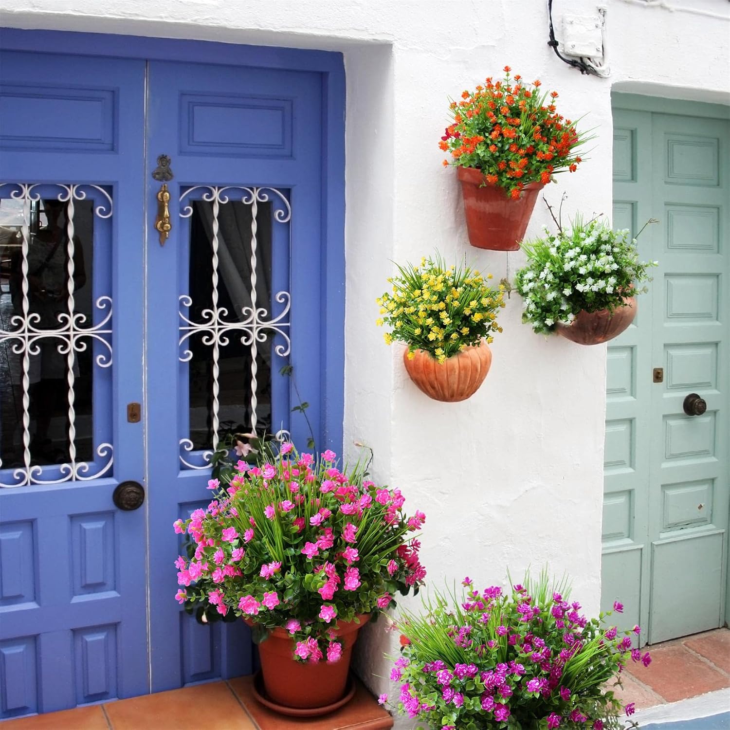 14 piezas de flores artificiales para exteriores, resistentes a los rayos UV, plantas de plástico falsas para colgar en interiores y exteriores,