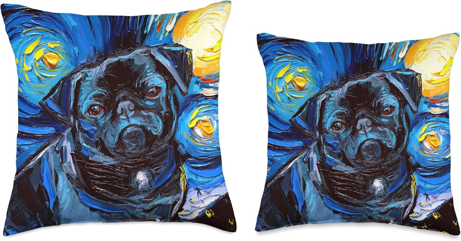 Black Pug Starry Night Cute Little Dog Art by Aja Throw Pillow, 16 x 16 pulgadas, multicolor