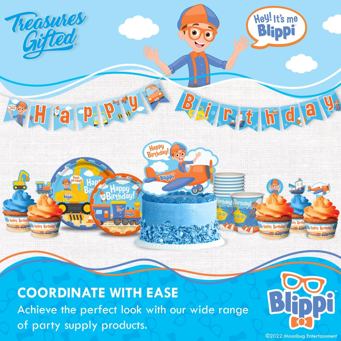 Treasures Gifted Suministros de fiesta de cumpleaños con licencia oficial de Blippi, paquete de 48 servilletas Blippi, suministros para fiesta de