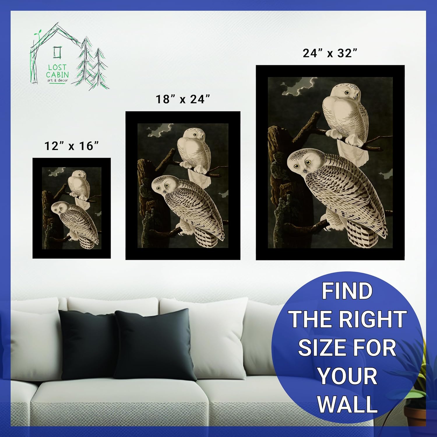 Lost Cabin Snowy Owl de James Audubon  Impresión en marco biselado negro  Reproducción de pintura de obras de arte finas  Póster decorativo