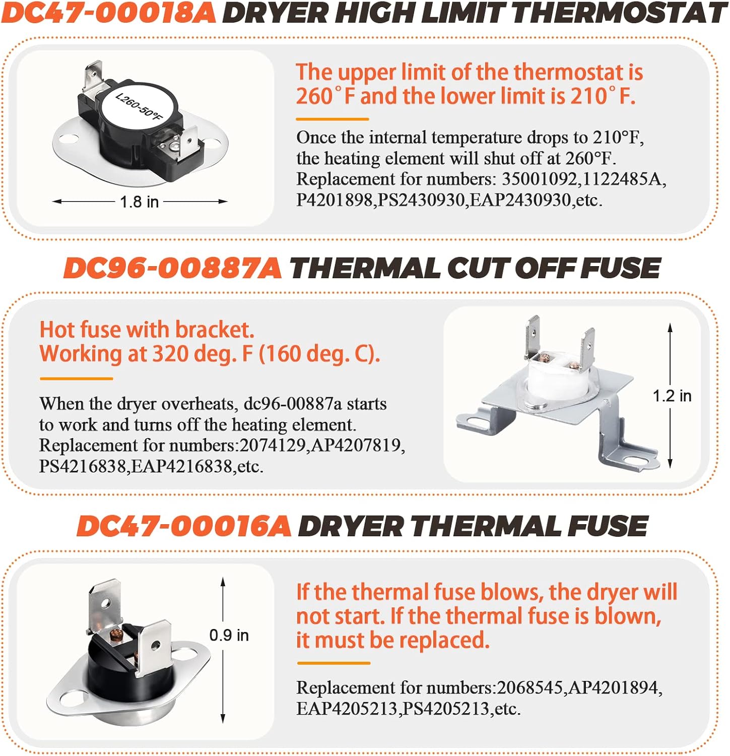 Beaquicy DC47-00019A Kit de elementos calefactores para secadora  4 piezas de secadora DC96-00887A y DC47-00016A y DC47-00018A Reemplazo de