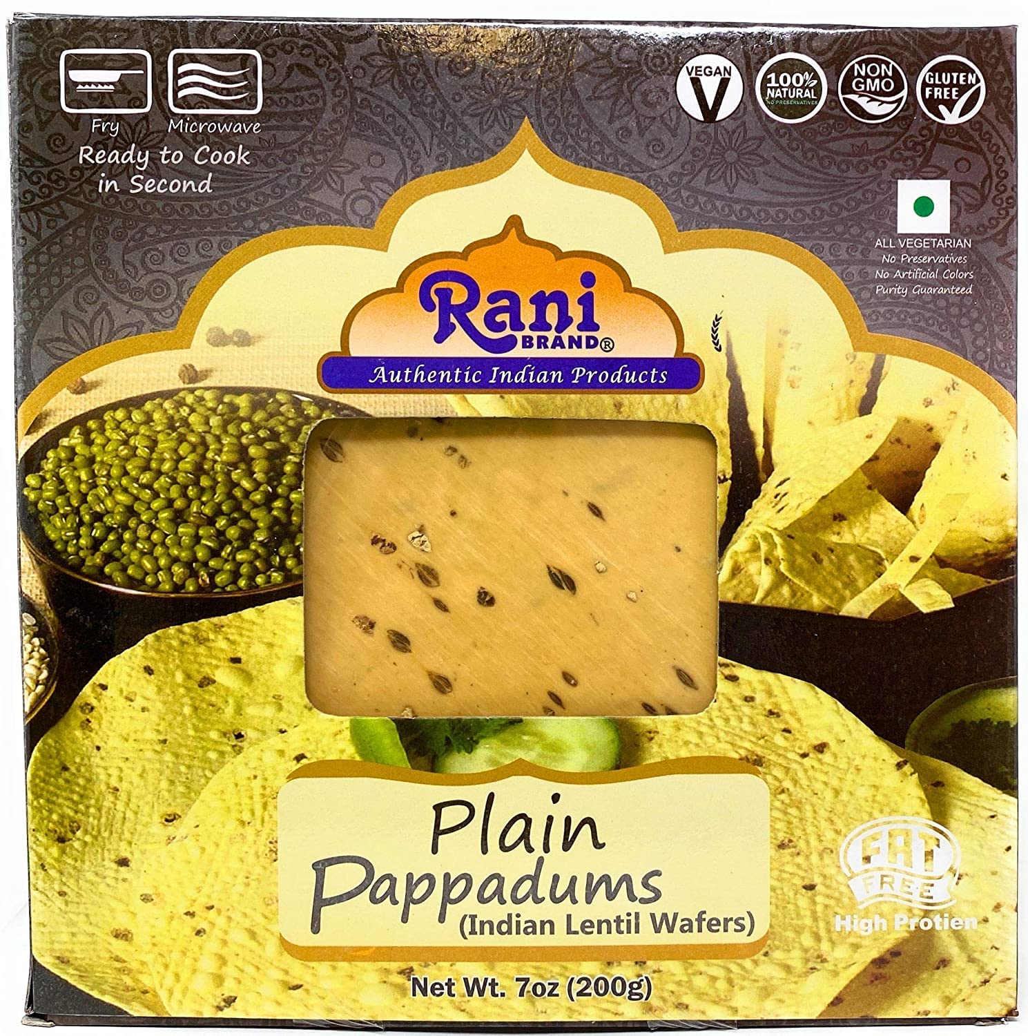 Rani Pappadums (aperitivo de oblea de lentejas indias) Papad liso 7 onzas (7.05 oz) aproximadamente 15 unidades, 7 pulgadas  Todo natural  Apto para