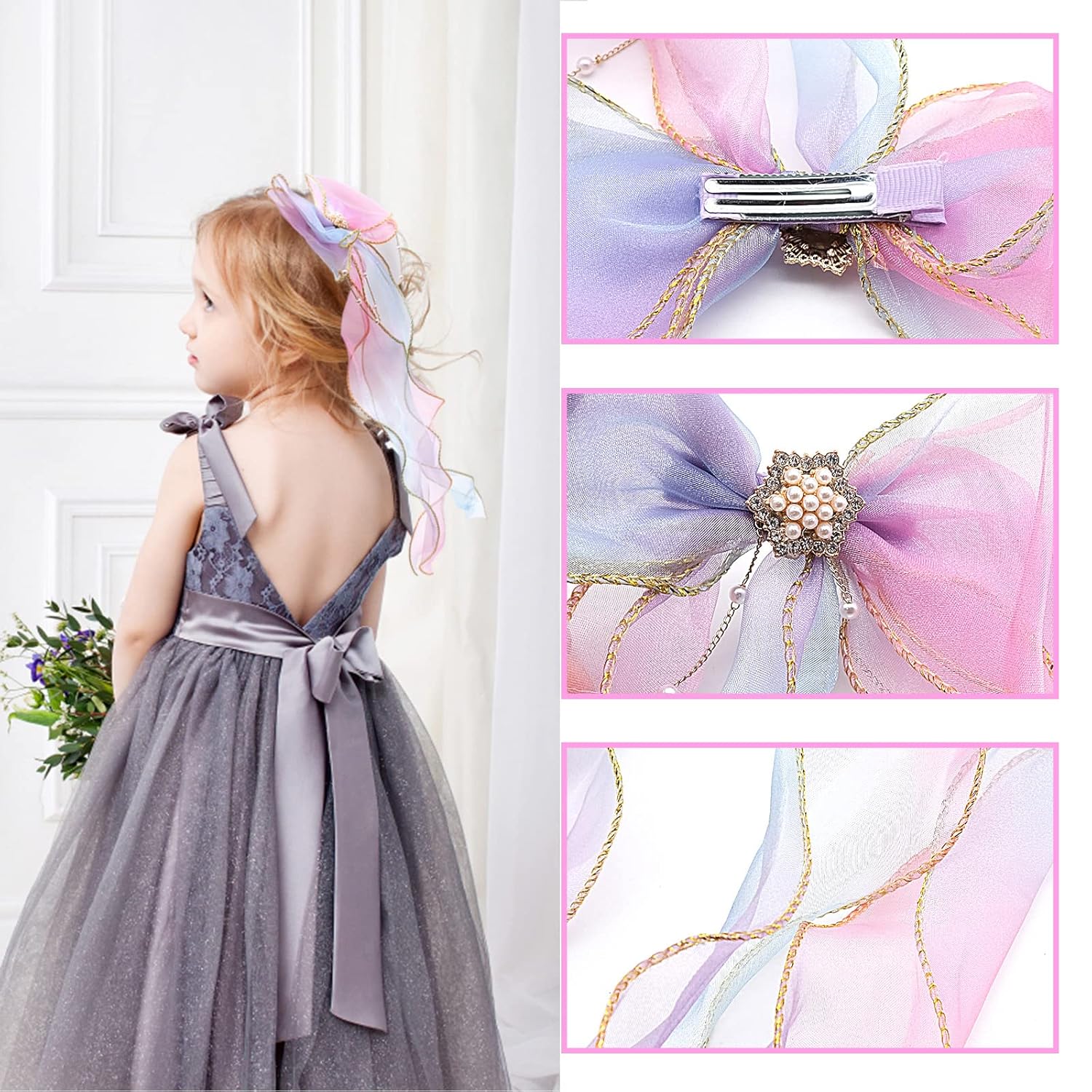 2 lazos para el pelo con cinta arcoíris para niñas, pasadores de pelo con lazo de princesa, lazos coloridos, pinzas de cocodrilo, accesorios para el
