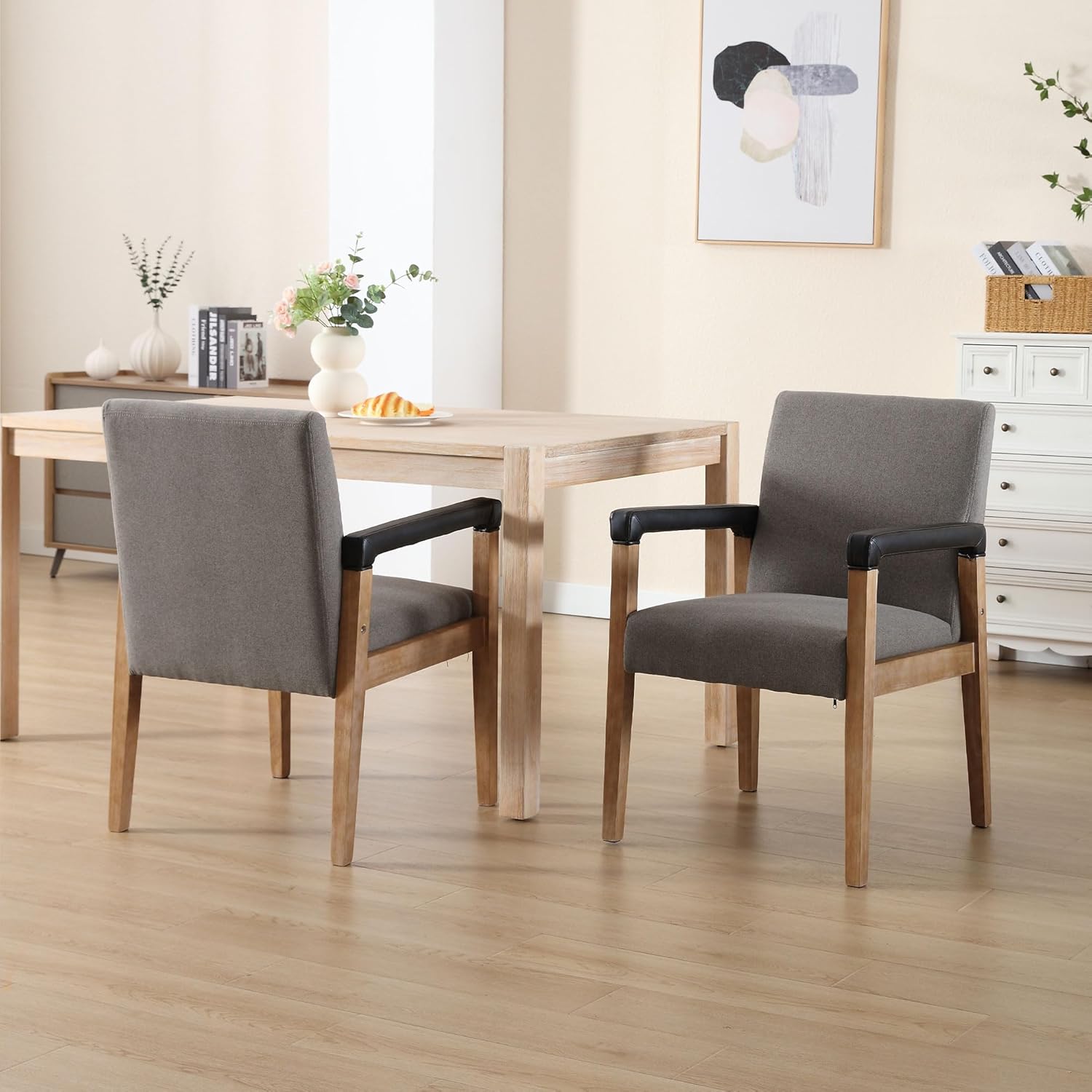 DM Furniture Juego de 2 sillas de comedor modernas de mediados de siglo, tapizadas de tela de lino, cómodas sillas de cocina con marco de madera