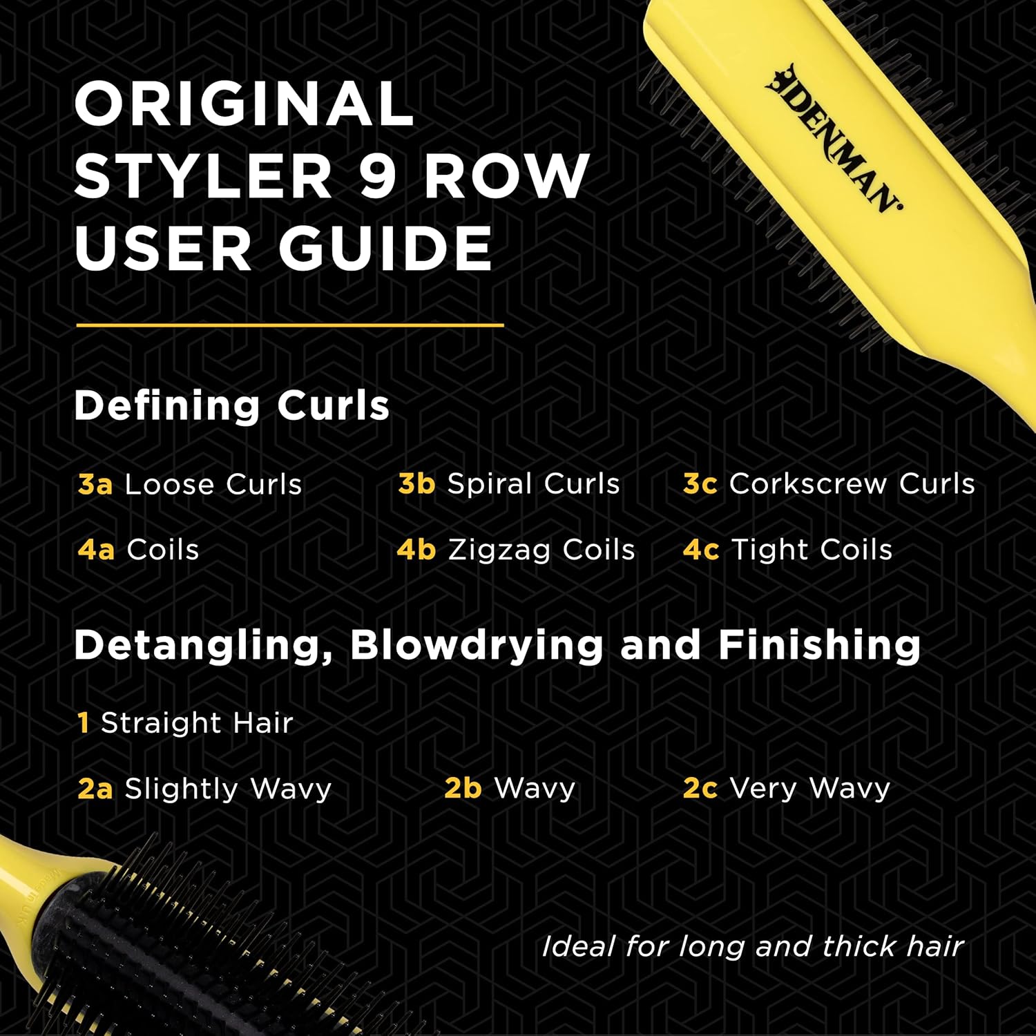 Denman Cepillo de pelo rizado D4 (amarillo) 9 filas para peinar, alisar el cabello más largo y definir rizos, para mujeres y hombres