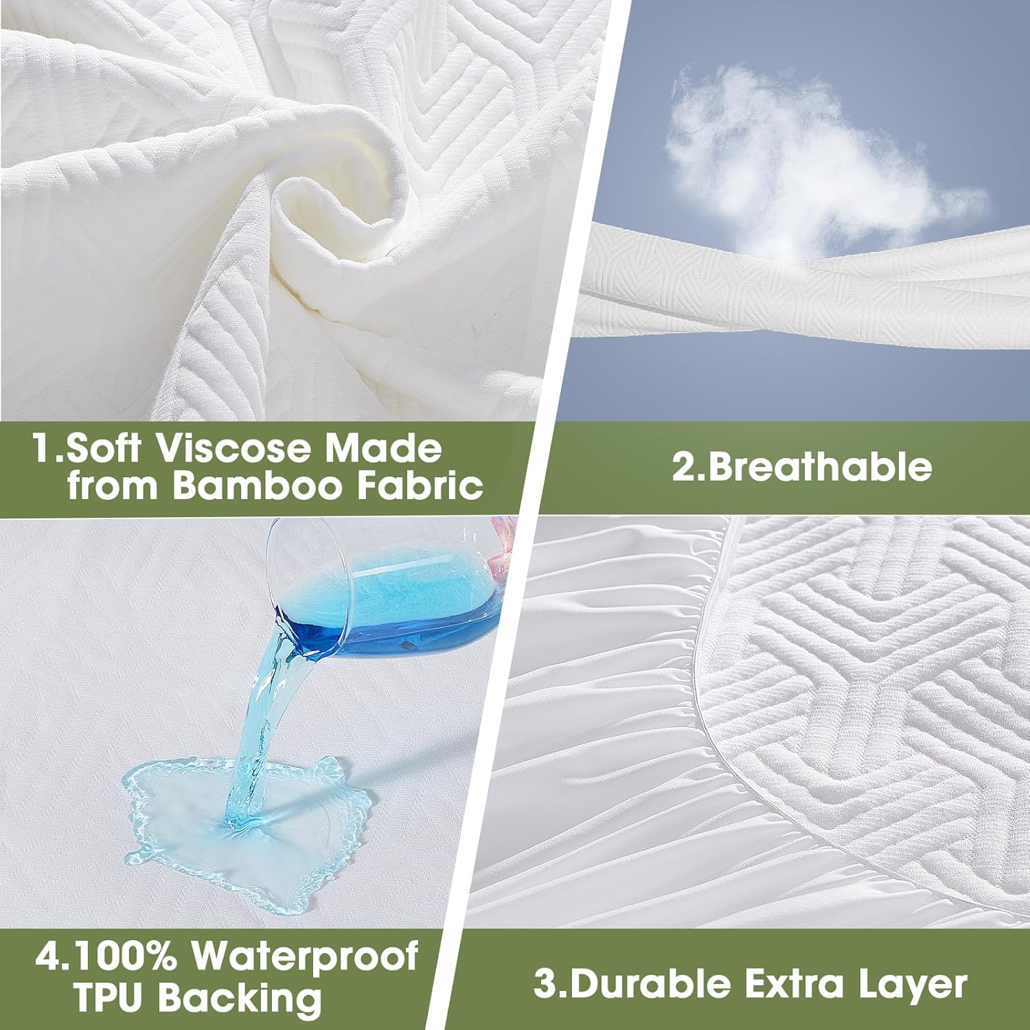 HYLEORY Protector de colchón impermeable de tamaño matrimonial de viscosa hecha de bambú, transpirable, suave, tela de aire 3D, silenciosa, lavable,