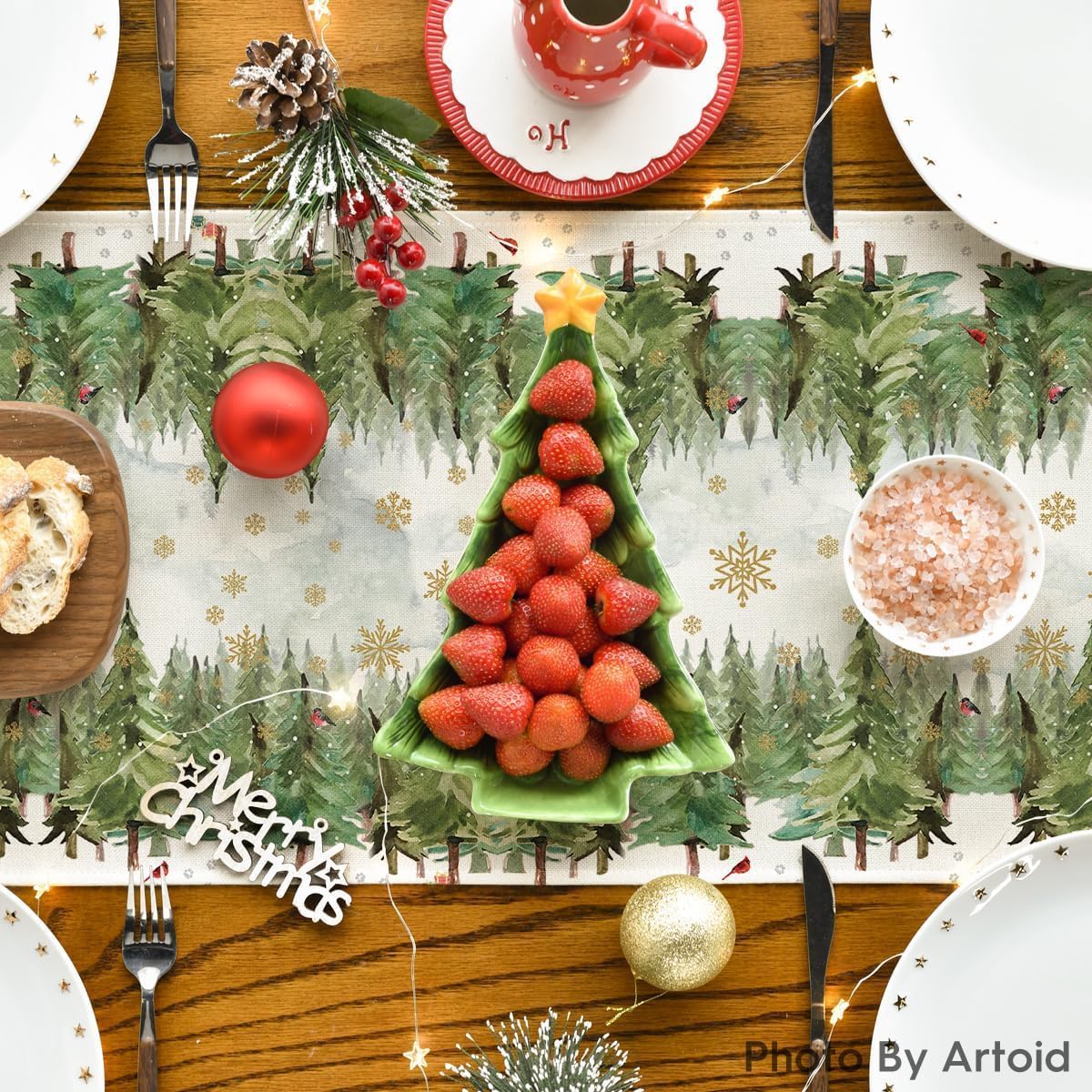 Artoid Mode Camino de mesa de Navidad con copos de nieve y árboles de Navidad, decoración de mesa de comedor para decoración de fiesta en el hogar,