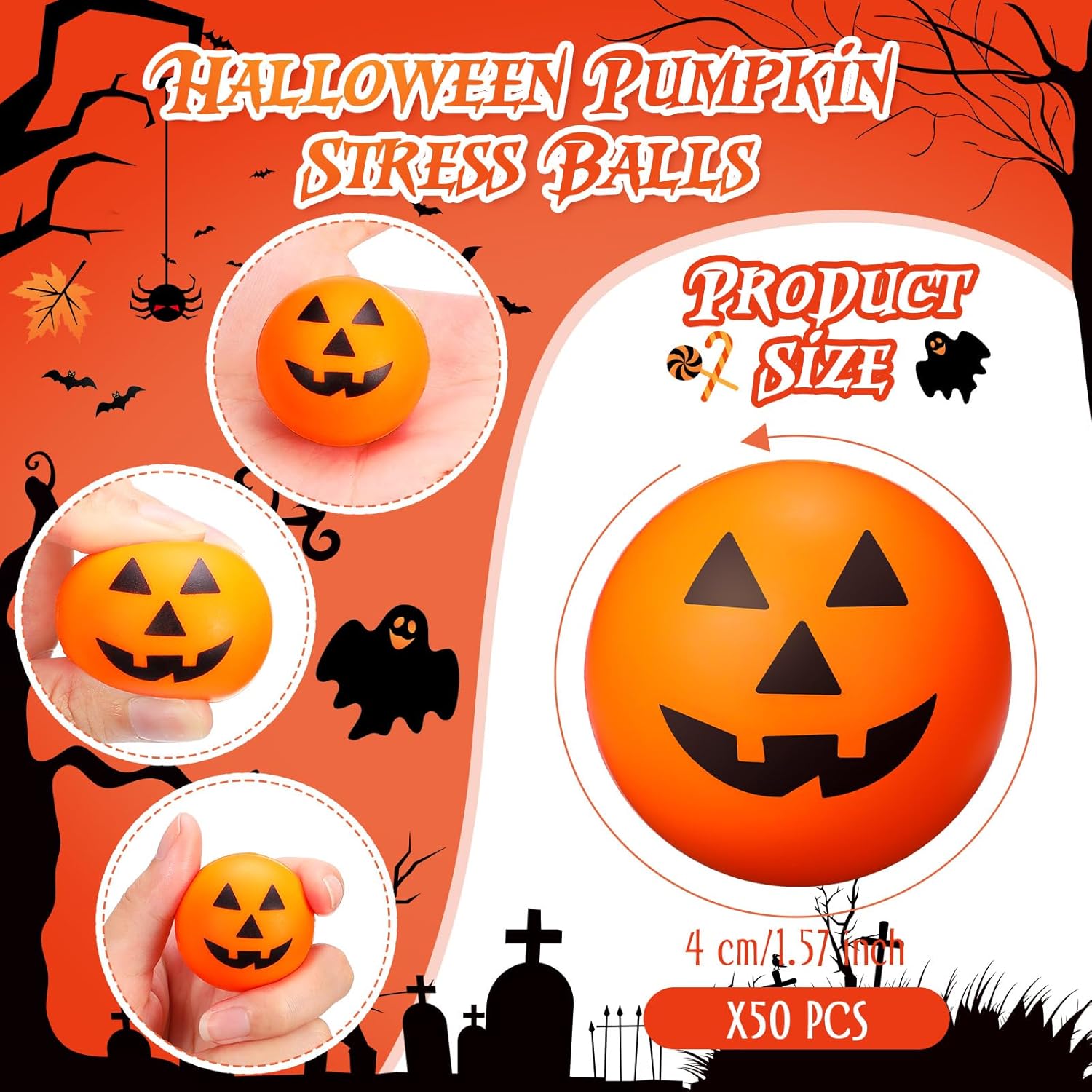 Jerify 50 mini bolas antiestrés de calabaza, bolas de estrés de Halloween de 1.57 pulgadas, pequeñas bolas de espuma de Halloween para suministros