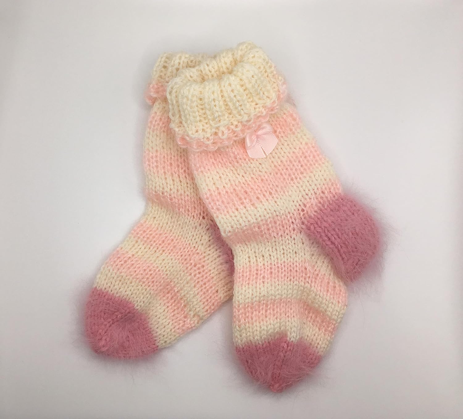 Baby Girl Headband and Matching Socks Booties Set. Handmade of Softest Natural Fibers. Fits 12-18 Months Baby Girl. Pink and White Colors. Designer