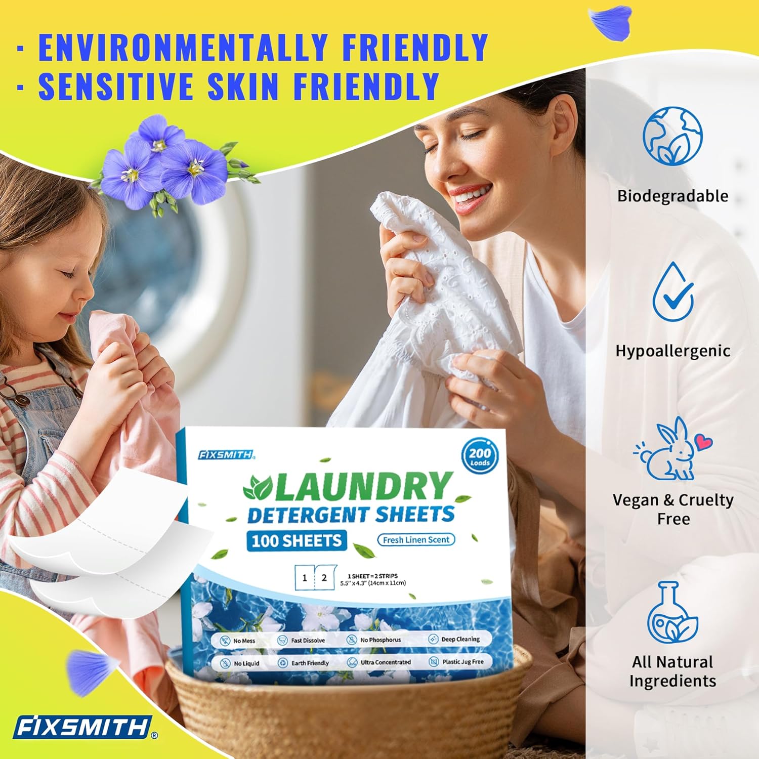 FIXSMITH Hojas de detergente para ropa  200 cargas (100 hojas) aroma de lino fresco  Hipoalergénico, tiras de detergente para ropa ecológicas,