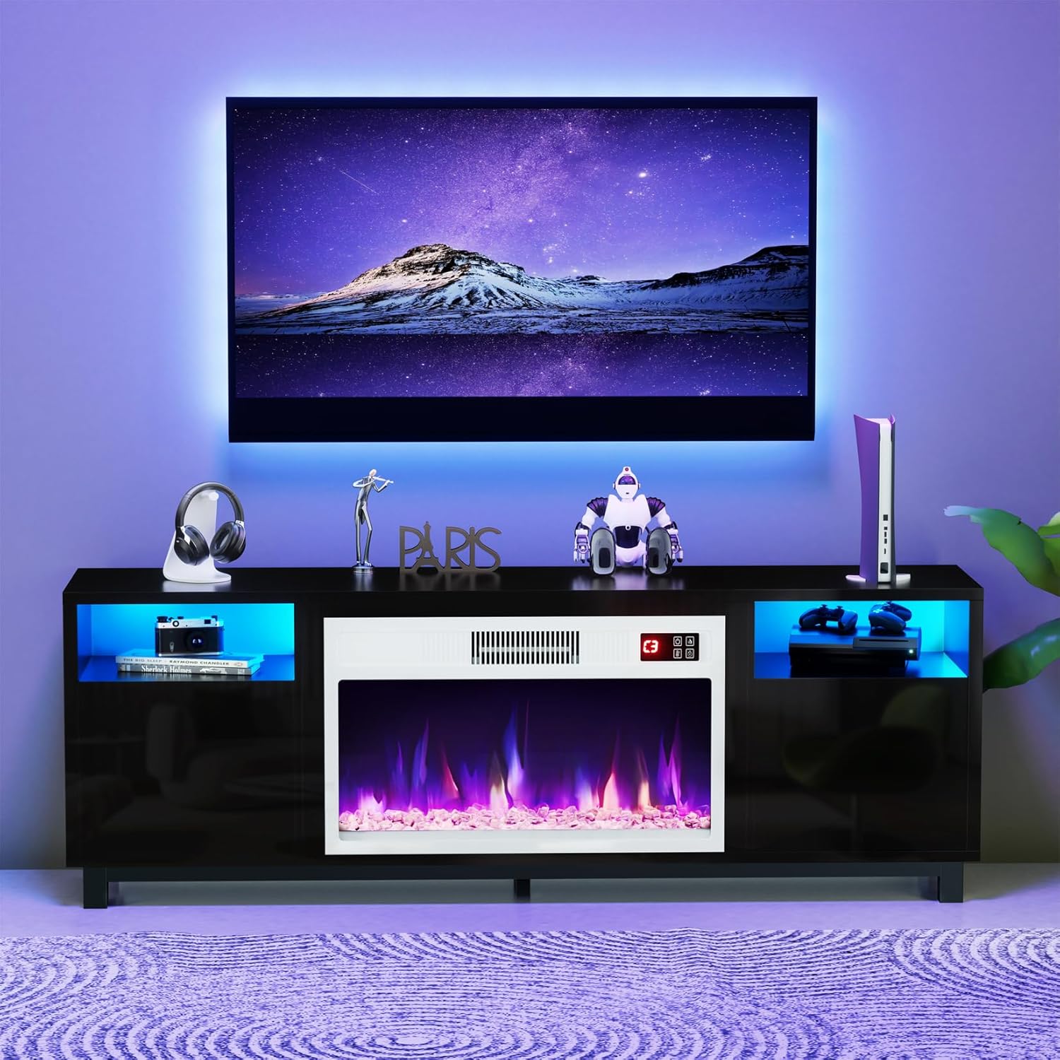 Soporte de TV con chimenea eléctrica de 23 pulgadas, centro de entretenimiento con luz LED de 65 pulgadas con chimenea eléctrica blanca, estantes