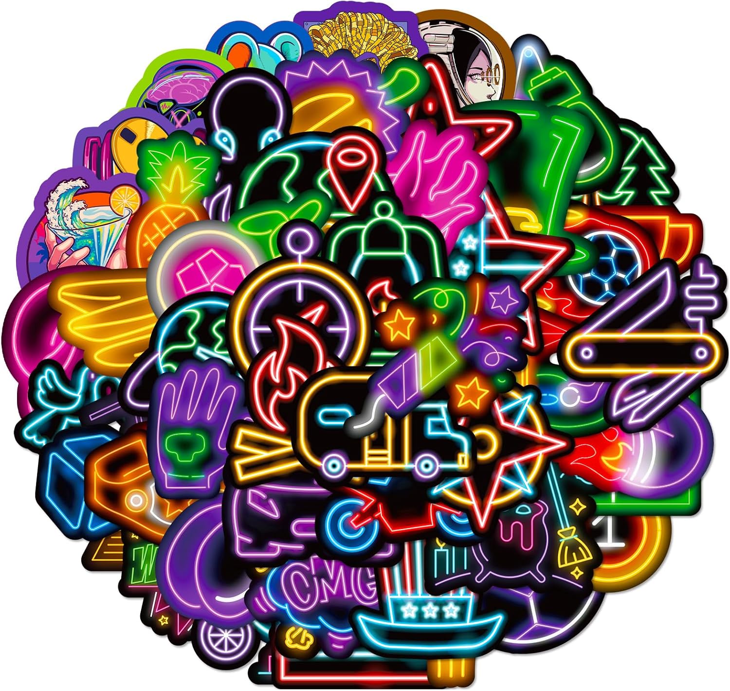 Calcomanías de neón impermeables, 50 unidades para botellas de agua, adultos, adolescentes, niñas, niños, calcomanías de vinilo geniales para