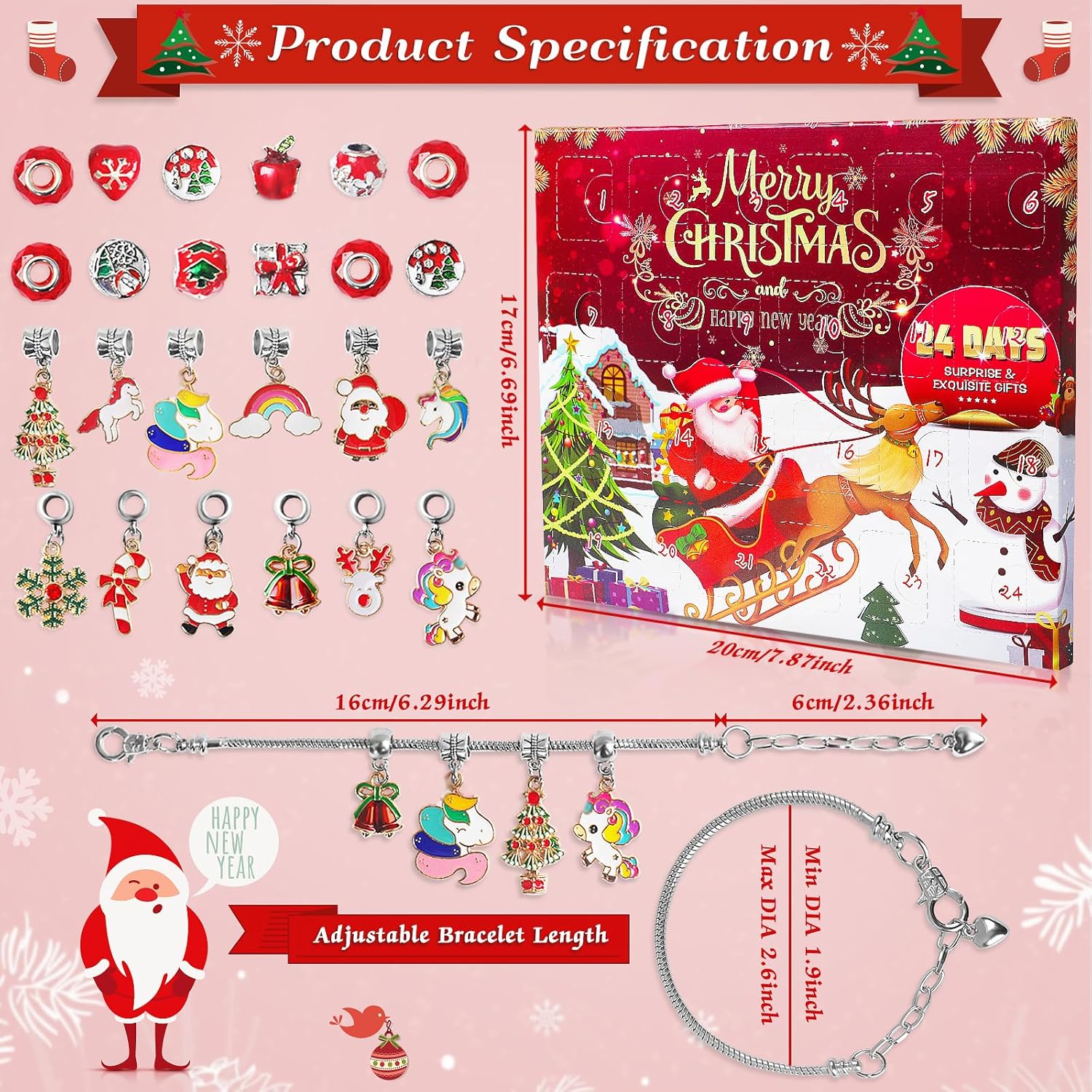 2023 Christmas Advent Calendar Charm Bracelets for Girls, SIXNIE 24-Days Xmas Countdown Calendar with 2pcs DIY Charm Bracelets Kits, Creative