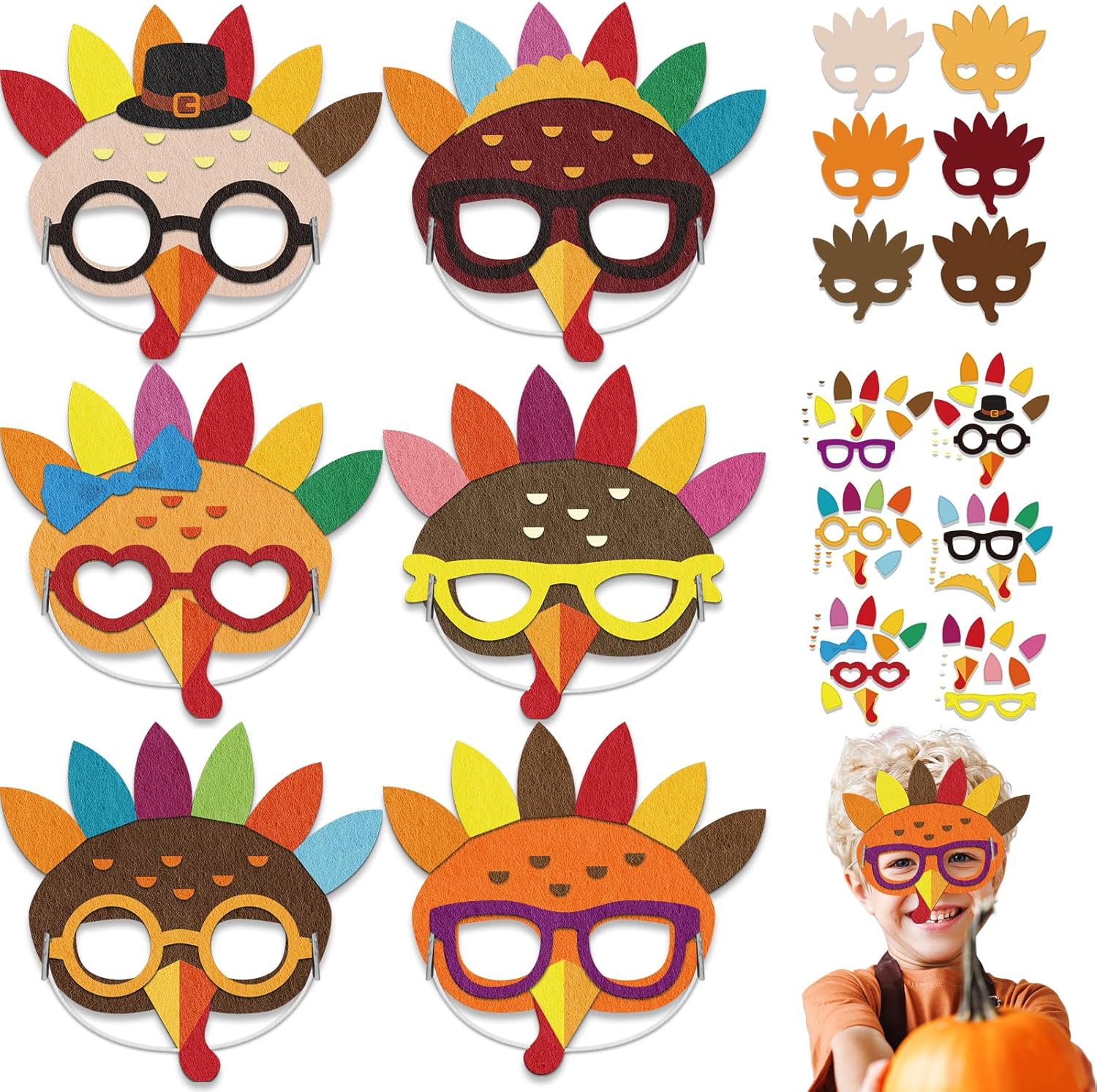 126 máscaras de pavo de Acción de Gracias para niños, manualidades de espuma de fieltro de otoño, manualidades a granel para niños de 3 a 5, 4 a 8,