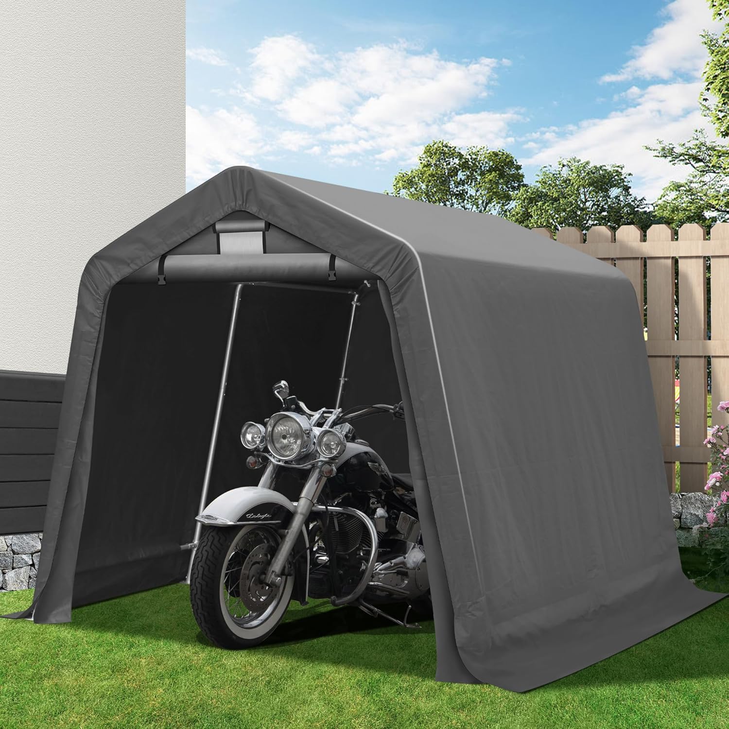 Cobertizo de almacenamiento exterior de 8 x 8 pies, garaje portátil con puerta enrollable con cremallera y ventana de ventilación, tienda de campaña