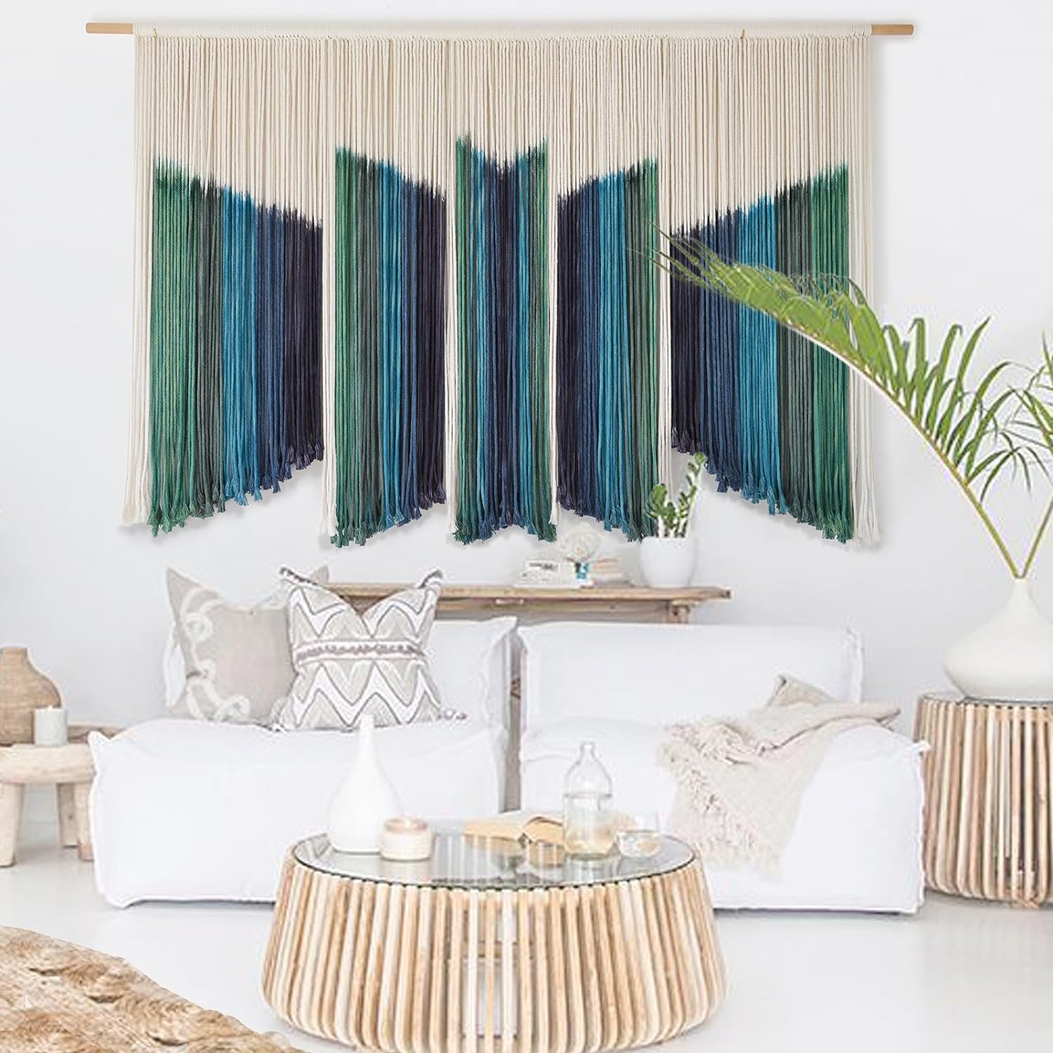 IOWER Colgante de pared de macramé grande teñido por inmersión de 59 pulgadas de ancho x 37 pulgadas de largo, hilo de fibra artesanal, arte de