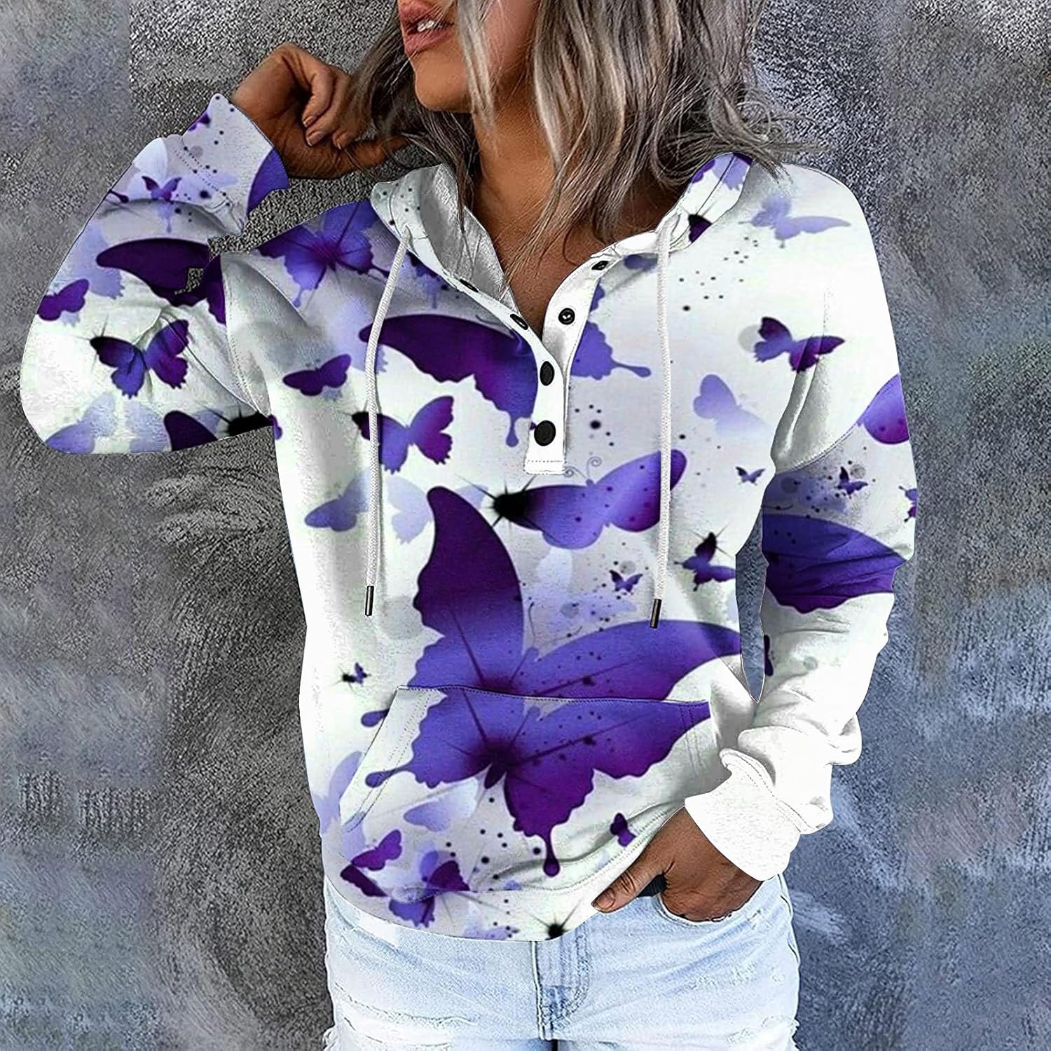 Sudadera con capucha para mujer, con estampado de mariposa, casual, con botones abiertos, estilo Henley, manga larga, con cordón, recortada
