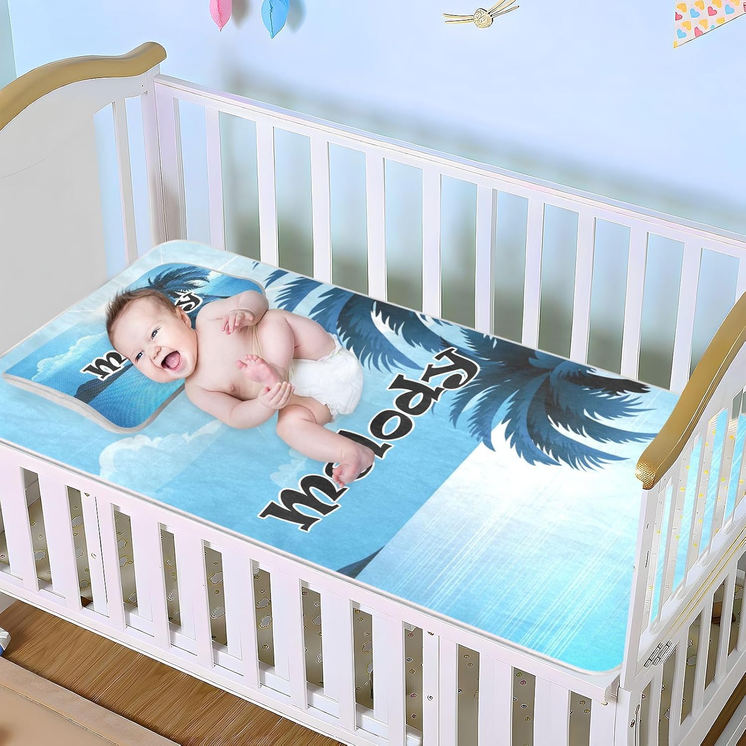 Protector de colchón personalizado de verano para cuna, palmeras de playa para niños y niñas, tapete de seda de hielo, sábanas de cama para