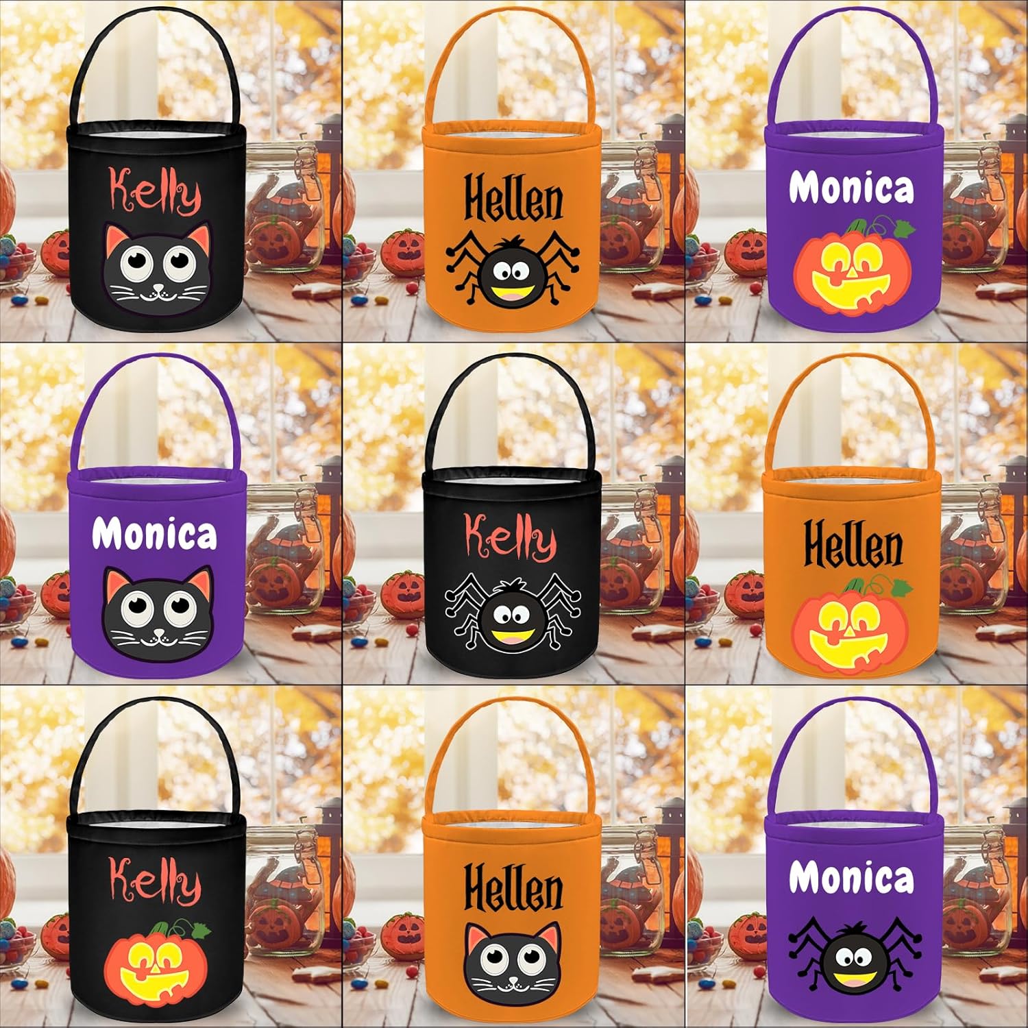 Cesta de Halloween personalizada con nombre de cubo personalizado para trucos o tratos, bolsa de dulces personalizada para niños, regalo para niños