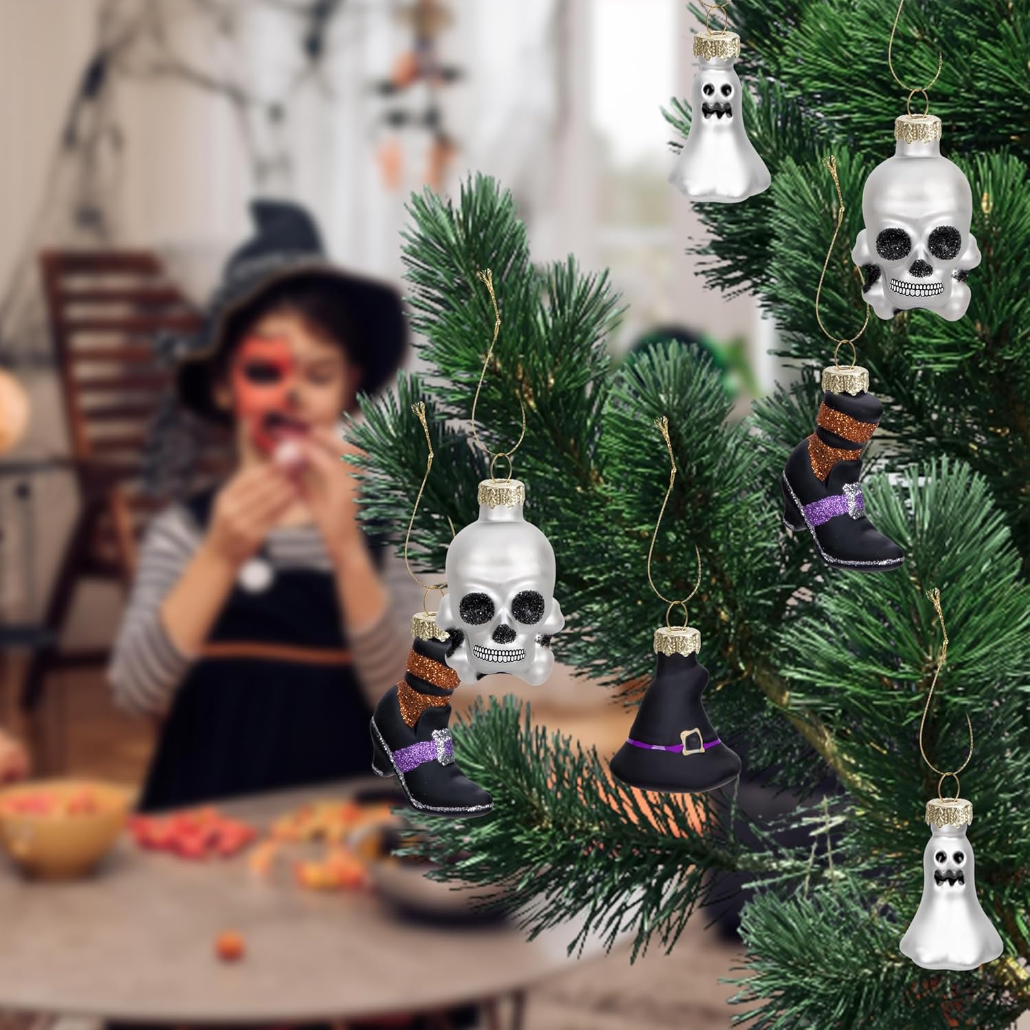 12 adornos colgantes de cristal del Día de los Muertos, adornos de calavera de azúcar del Día de los Muertos, cabeza de esqueleto colgante de