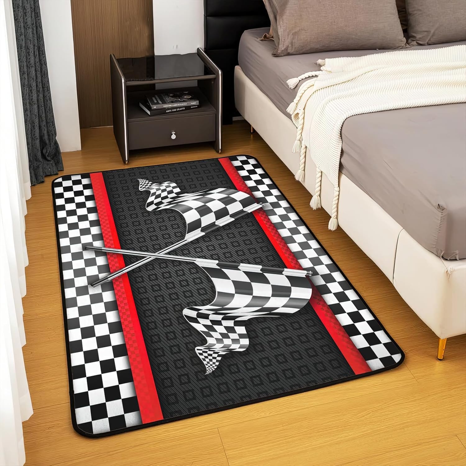 Alfombra de área con bandera a cuadros blancos y negros, fácil de limpiar, alfombra suave antideslizante para niños, adolescentes, niñas, niños,